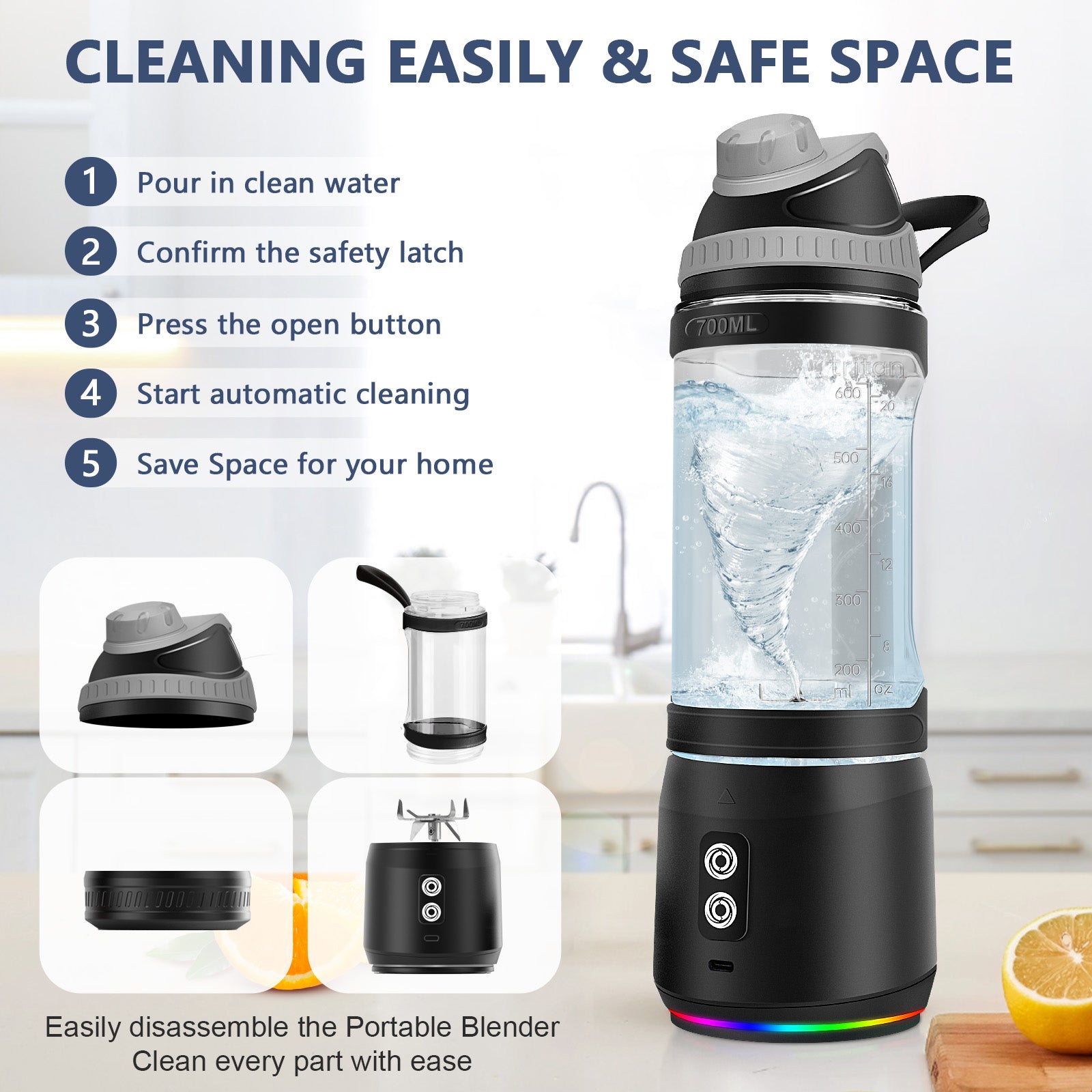 Portable Blender,Veubew Personal Blender 240 Watt for Shakes and Smoothies with 6 Metal Blades, 24 oz Mini Blender Cup with Travel Lid and USB Rechargeable for Office, Gym, Kitchen (Black)