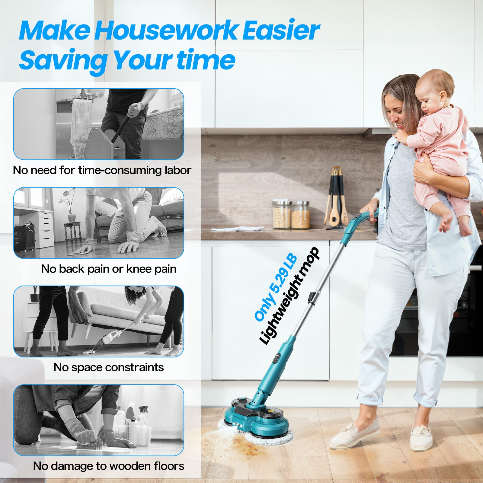 Amiluo Cordless Electric Mop, Dual-Motor Power Spin Mop for Floor Cleaning with 5000 mAh Battery, Water Spray, LED Headlights & Smart Display, Self-Propelled for Multi-Surface, M1