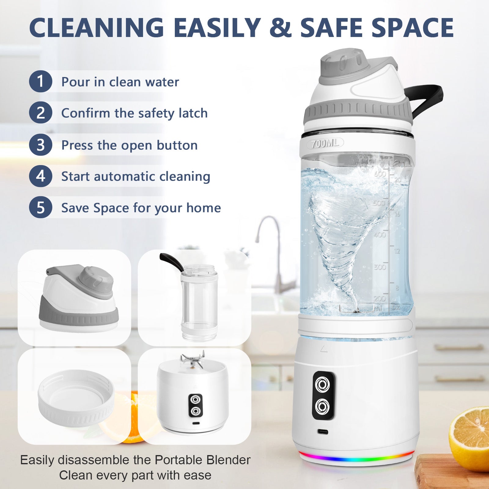 Portable Blender,Veubew Personal Blender 240 Watt for Shakes and Smoothies with 6 Metal Blades, 24 oz Mini Blender Cup with Travel Lid and USB Rechargeable for Office, Gym, Kitchen (Gray)