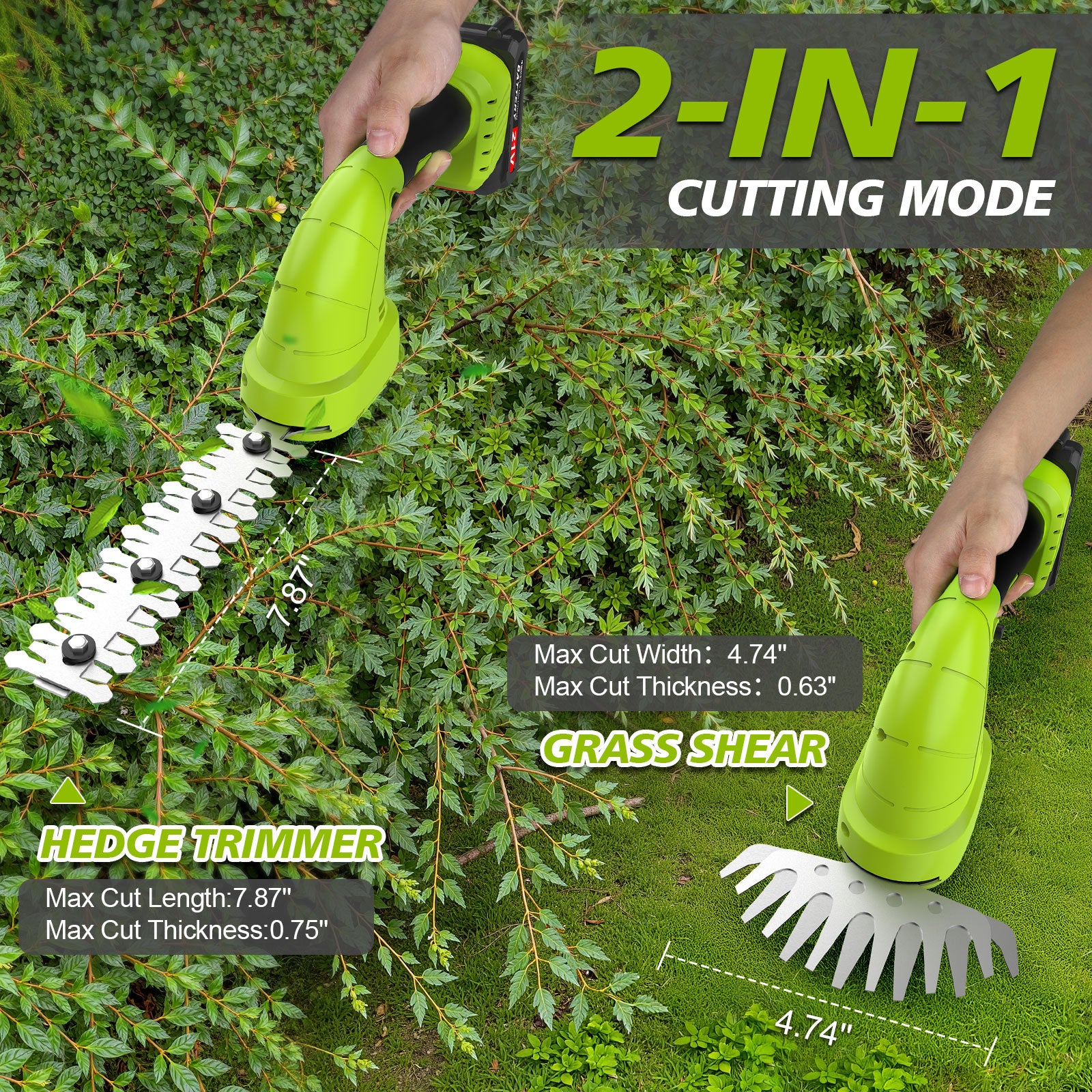Fovendi Hedge Trimmer Cordlesss,2-in-1 Handheld Grass Shears,21V Electric Shrub Cutter with 2 Rechargeable Battery for Garden, Lawn, Yard