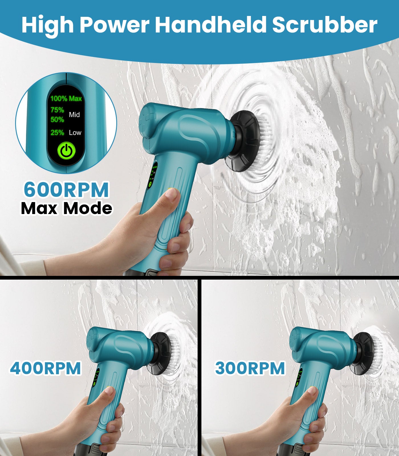 Amiluo Electric Spin Scrubber, 5000 mAh Cordless Handheld Cleaning Brush, 3 Speeds Power Scrubber with 5 Replaceable Heads & Display for Bathroom/Shower/Sink/Tub