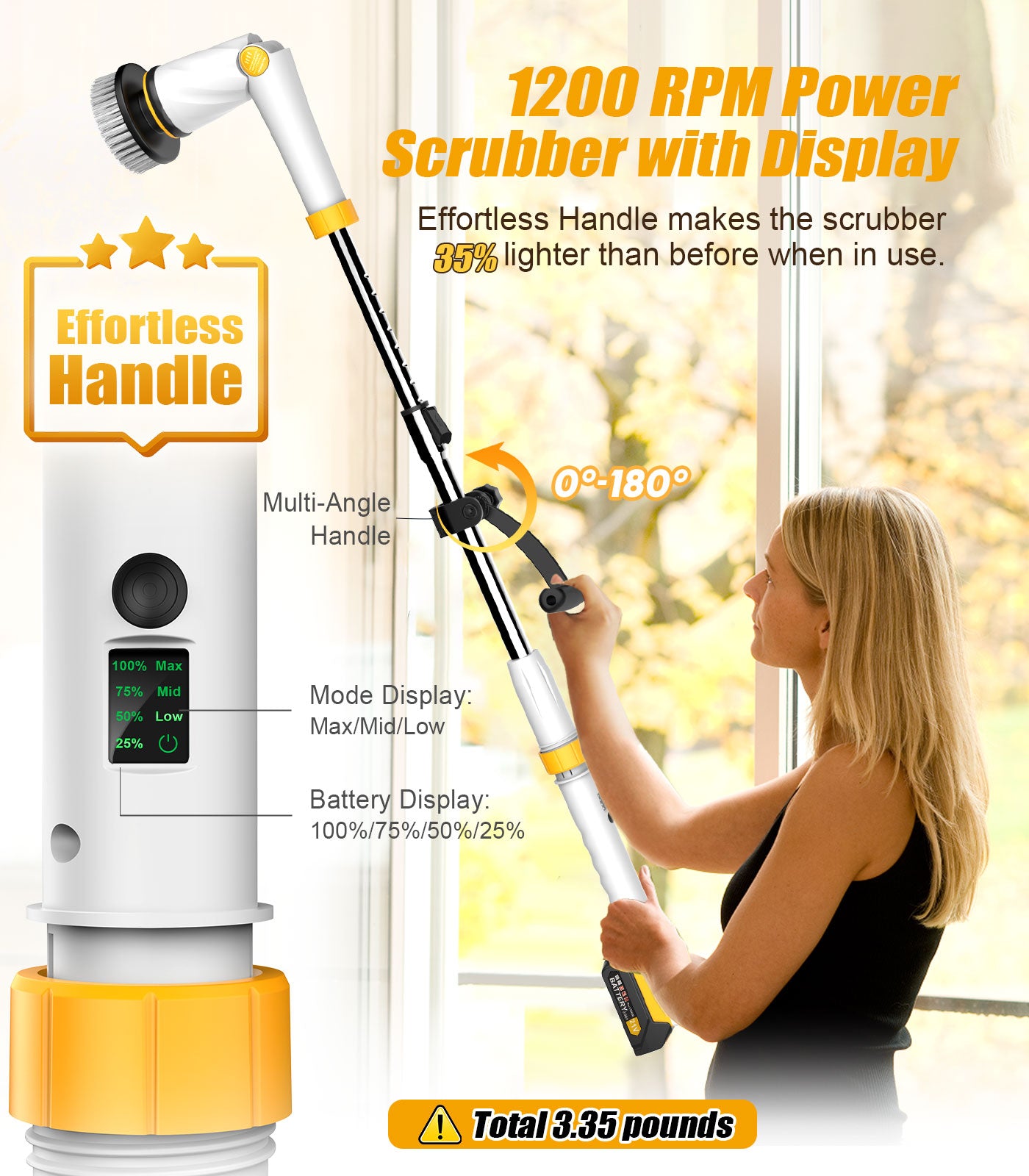 Amiluo Electric Spin Scrubber, Extra Large Brush, 6000 mAh Best Battery Power Scrubber, 1200 RPM Cordless Bathroom Cleaning Brush with Extension Handle, 8 Replaceable Heads for Shower/Floor, White