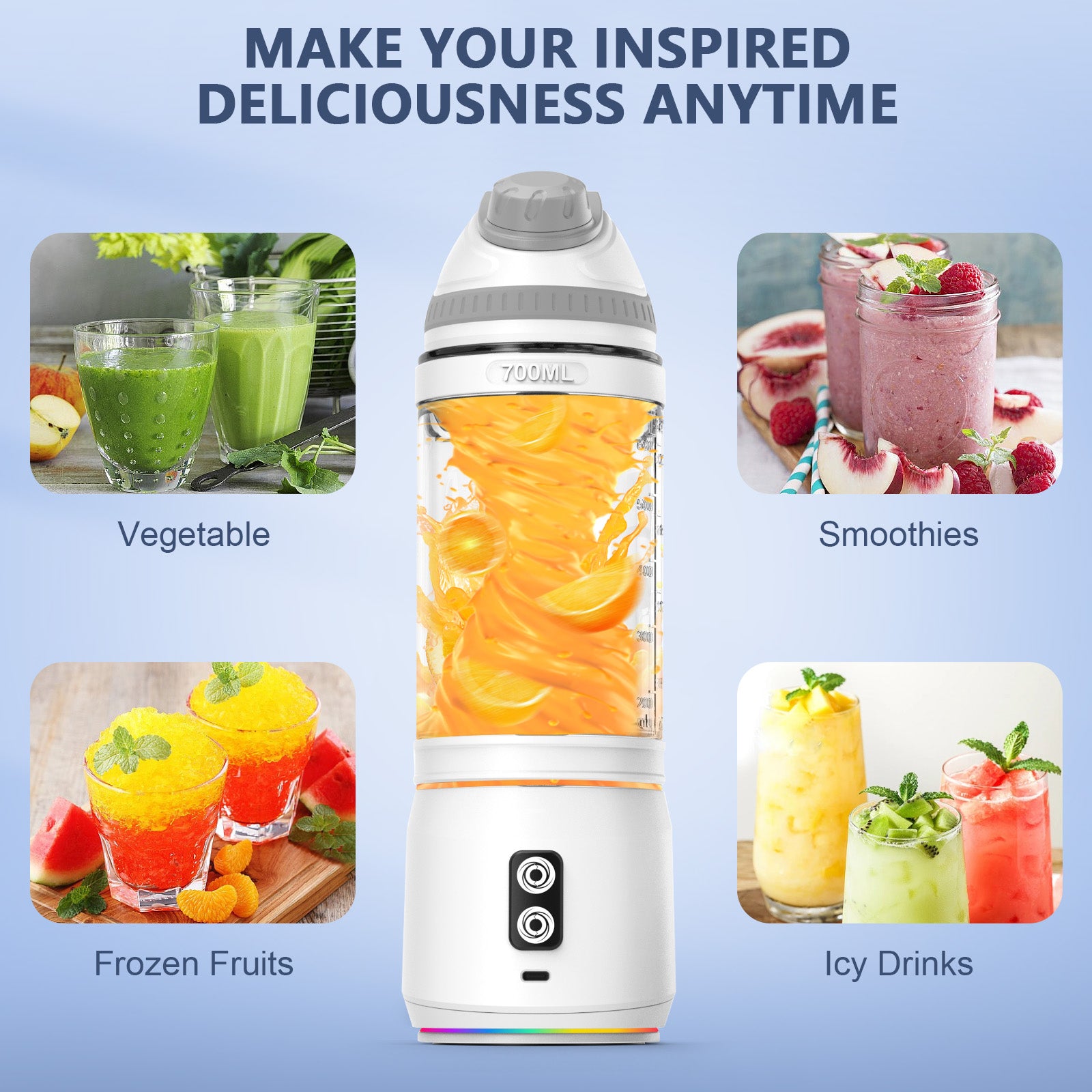Portable Blender,Veubew Personal Blender 240 Watt for Shakes and Smoothies with 6 Metal Blades, 24 oz Mini Blender Cup with Travel Lid and USB Rechargeable for Office, Gym, Kitchen (Gray)