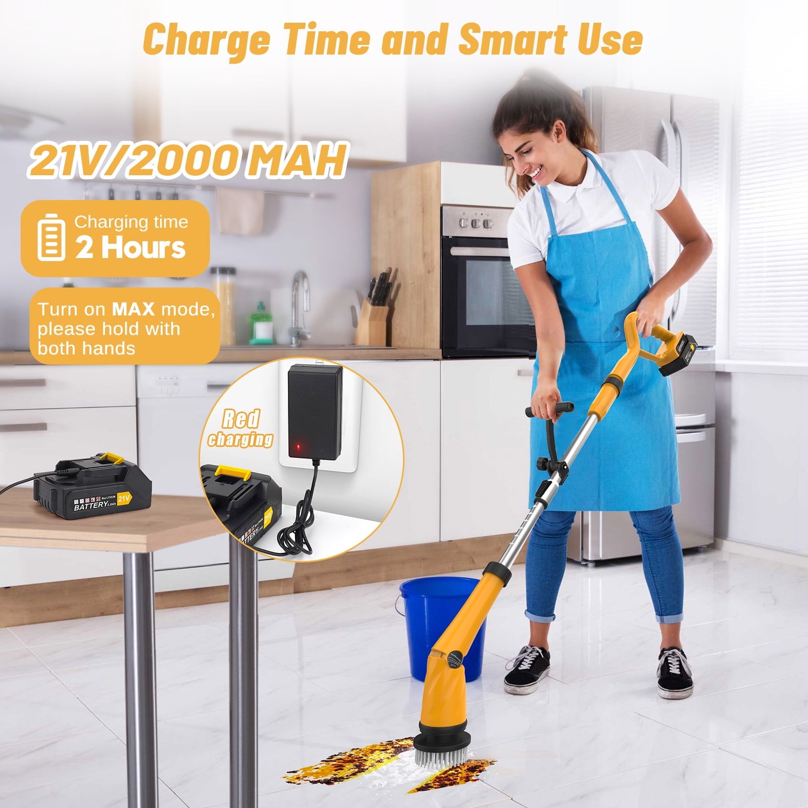 Amiluo Electric Spin Scrubber, 1500 RPM Ultra-High Speed, Cordless Bathroom Cleaning Brush with Extension Handle, 8 Replaceable Heads & Large Battery, Power Scrubber for Shower, Tub, Floor, A4/Yellow