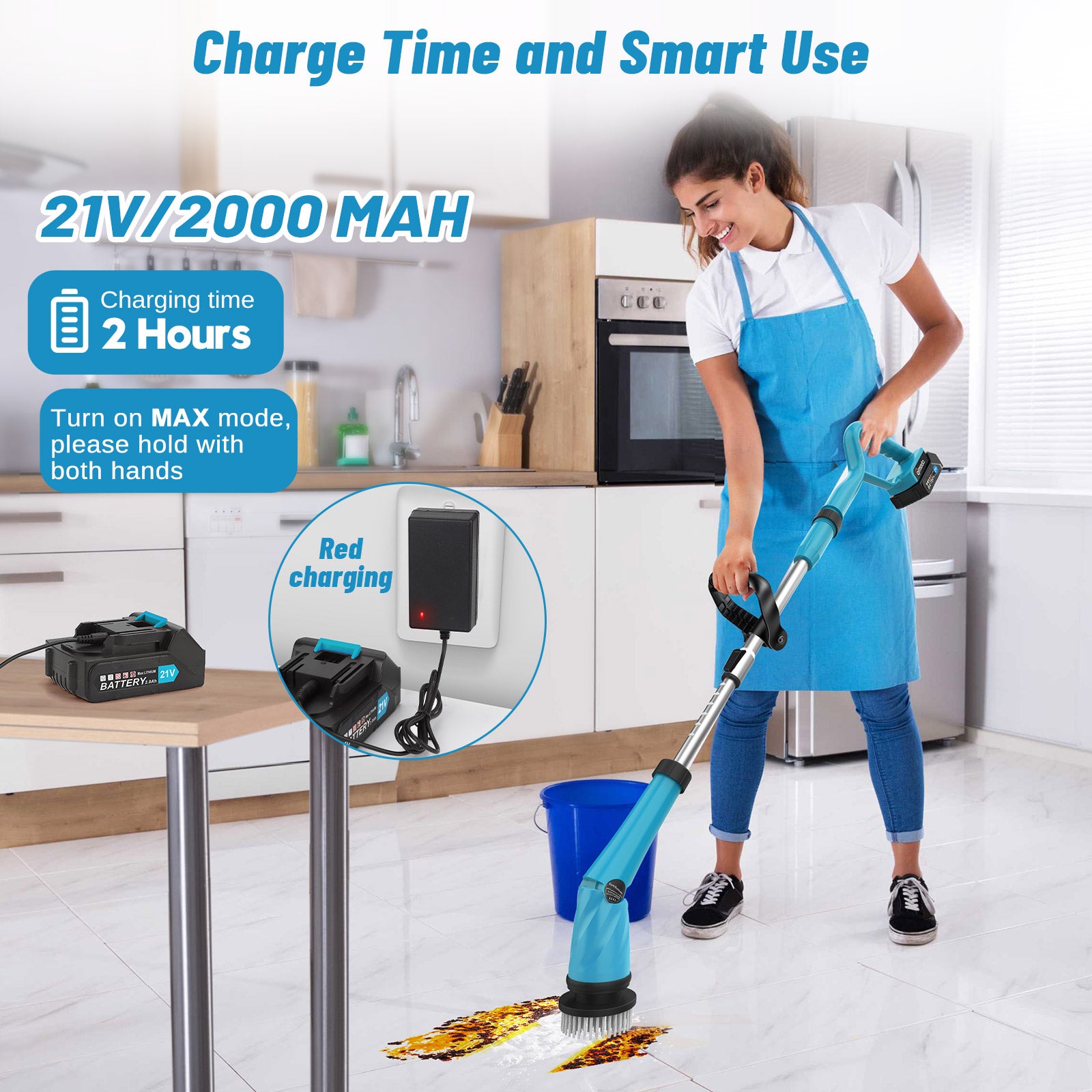 Amiluo Electric Spin Scrubber, 1500 RPM Cordless Bathroom Cleaning Brush with 4000 mAh Large Battery, 8 Replaceable Heads, Extension Handle & Display, Power Scrubber for Shower/Floor/Tub, A4-Blue
