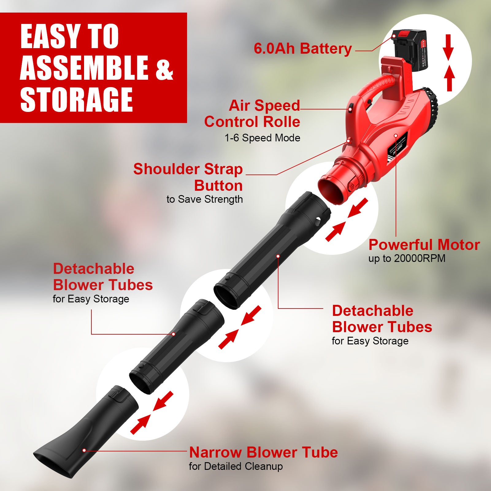 Cordless Leaf Blower with 6000mAh Battery and Charger, Tanbaby 21V 180MPH 320CFM Electric Leaf Blowers with 2 Section Tubes 6-Speed Dial Control for Fall Leaf, Lawn/Garden Care, Snow, Debris, Dust