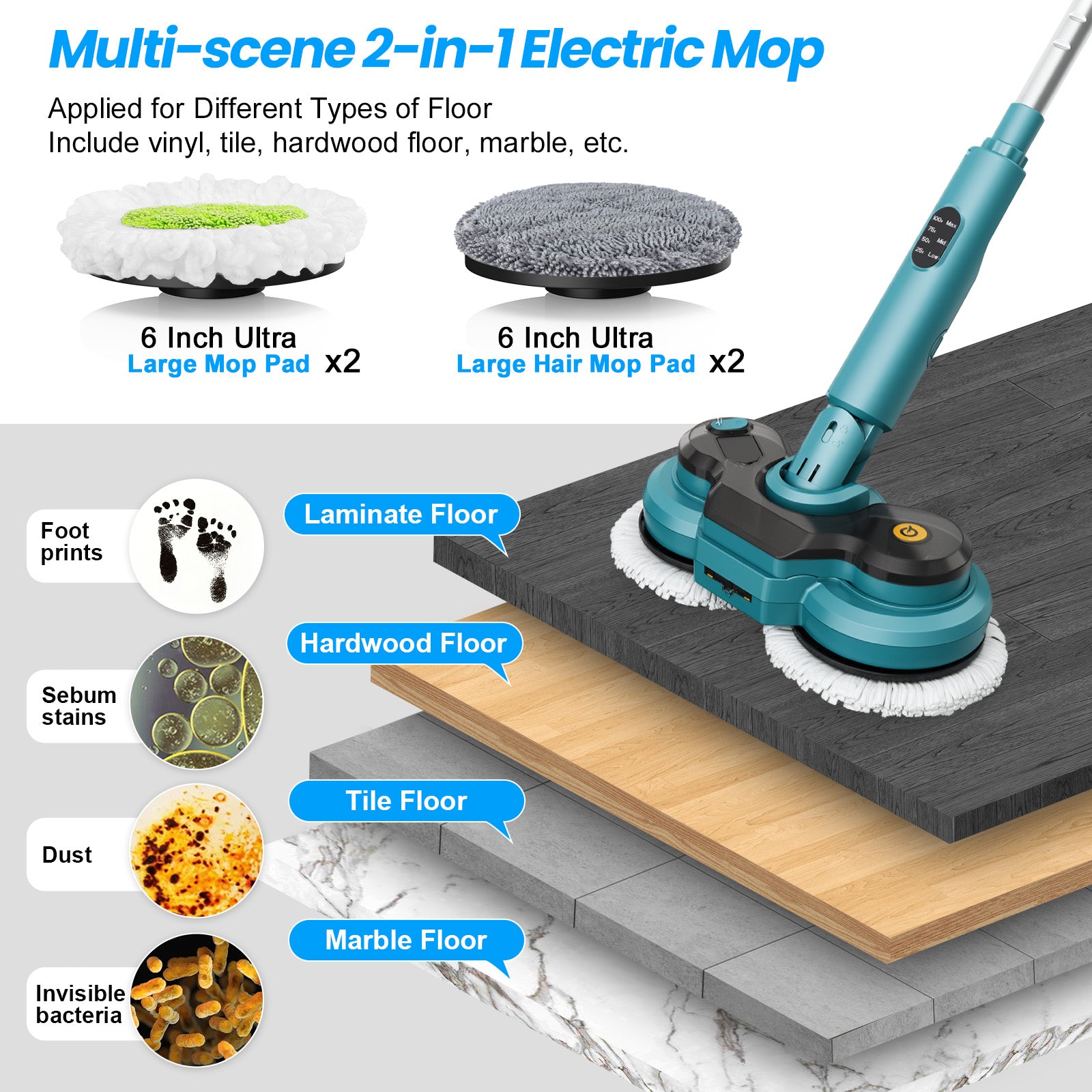 Amiluo Cordless Electric Mop, Dual-Motor Power Spin Mop for Floor Cleaning with 5000 mAh Battery, Water Spray, LED Headlights & Smart Display, Self-Propelled for Multi-Surface, M1