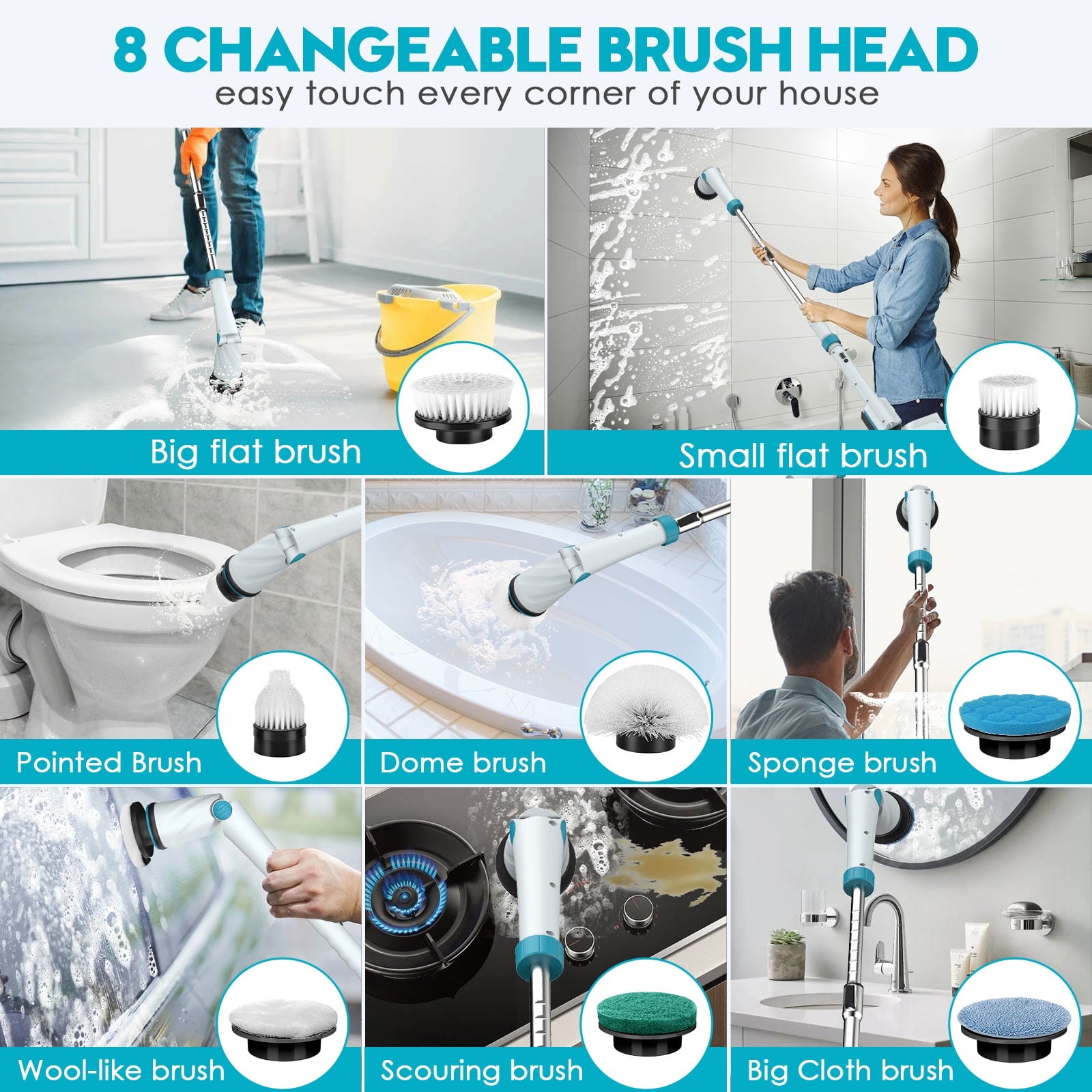 Amiluo Electric Spin Scrubber with Battery, 1200 RPM High Power Electric Scrubber for Cleaning, Shower Cordless Cleaning Brush with LED Display for Bathtub Grout Tile Floor (8 Brushes)