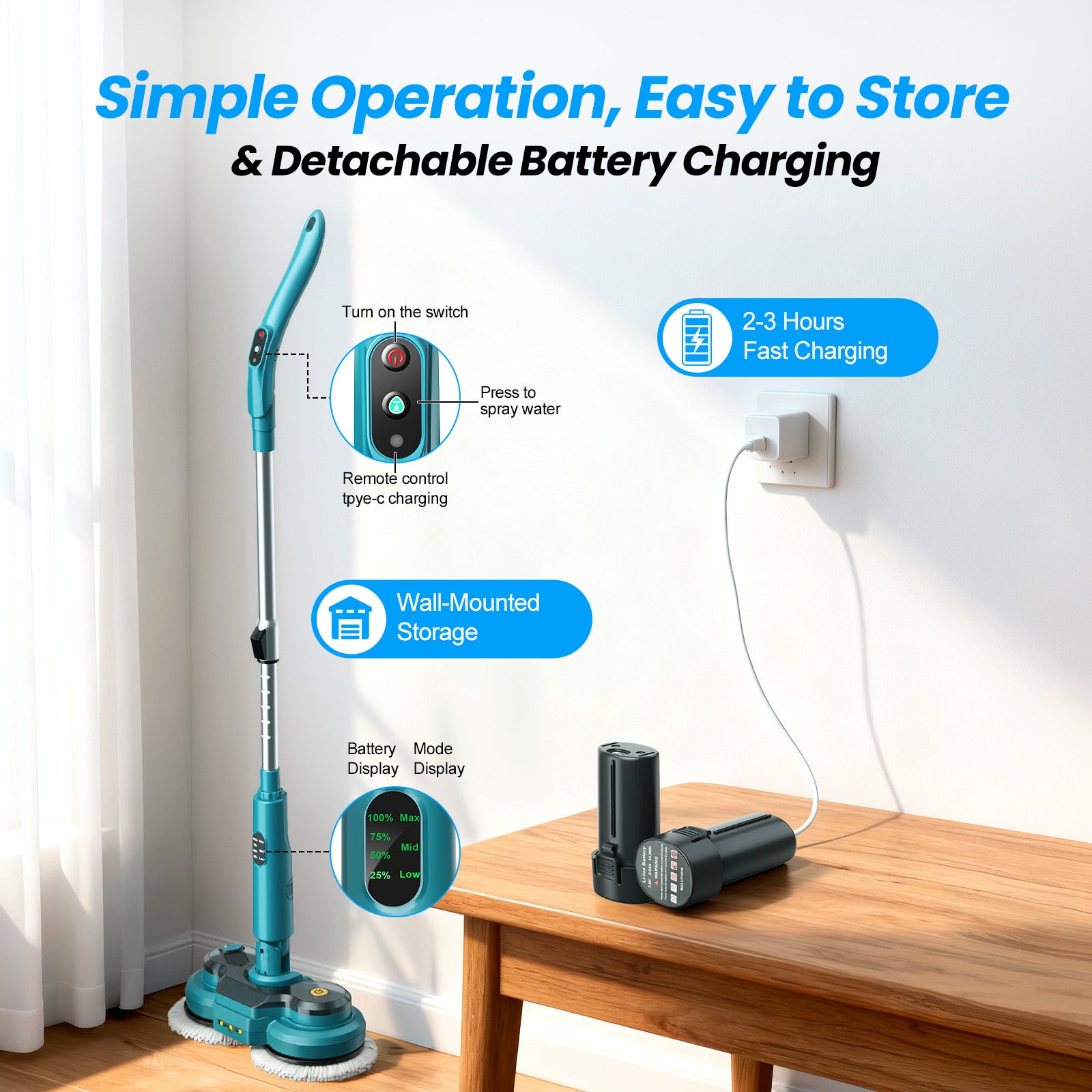 Amiluo Cordless Electric Mop, 5000 mAh Battery Spin Mop for Floor Cleaning, 400 RPM Power Scrubber with Water Spray, LED Headlights & Smart Display, Dual-Motor, Self-Propelled, Multi-Surface, M1