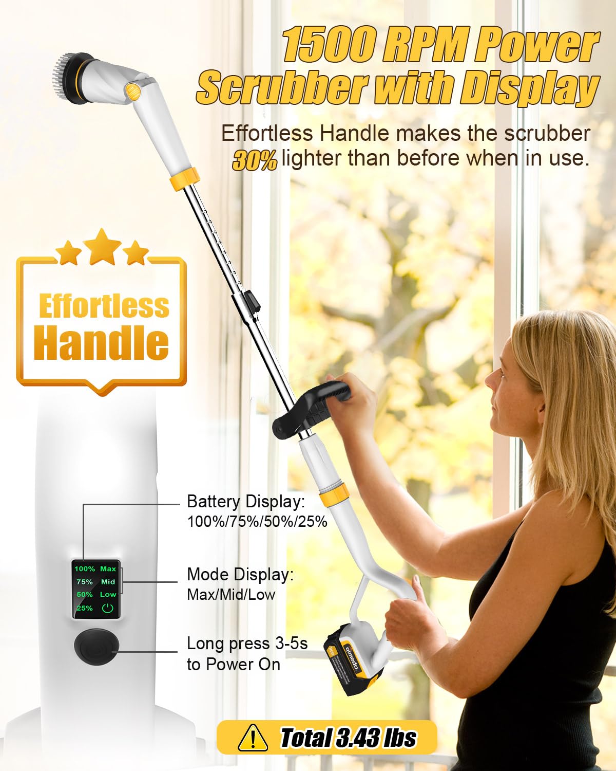 Amiluo Electric Spin Scrubber, 1500 RPM Ultra-High Speed, Cordless Bathroom Cleaning Brush with Extension Handle, 8 Replaceable Heads & Large Battery, Power Scrubber for Shower, Tub, Floor, A4/White