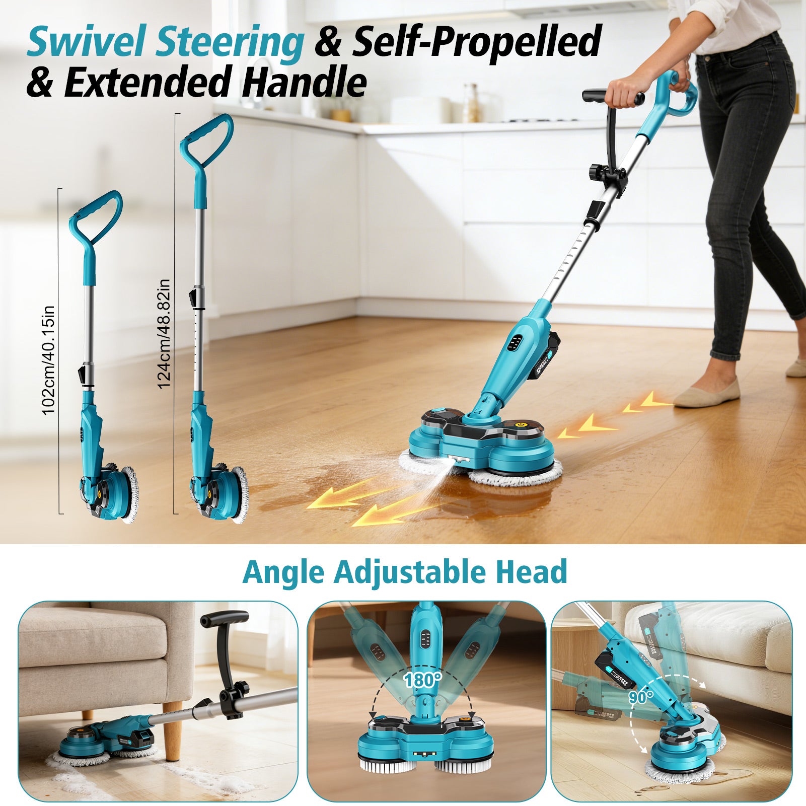 Amiluo Cordless Electric Mop, 800 RPM Dual-Motor Power Spin Mop for Floor Cleaning with 6,000 mAh Large Battery, Water Spray, LED Headlights & Smart Display, Self-Propelled for Multi-Surface, M2