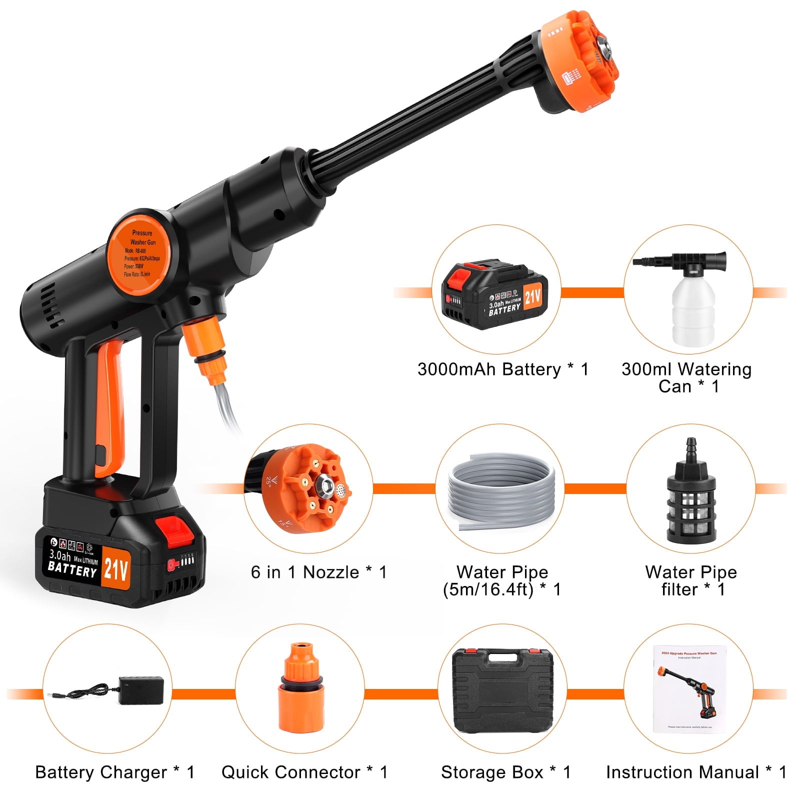 Tanbaby Cordless Pressure Washer, Portable Power Washer with 6-in-1 Adjustable Nozzle, 3.0Ah Battery and Charger for Floor Cleaning, Washing Cars, Watering Flowers