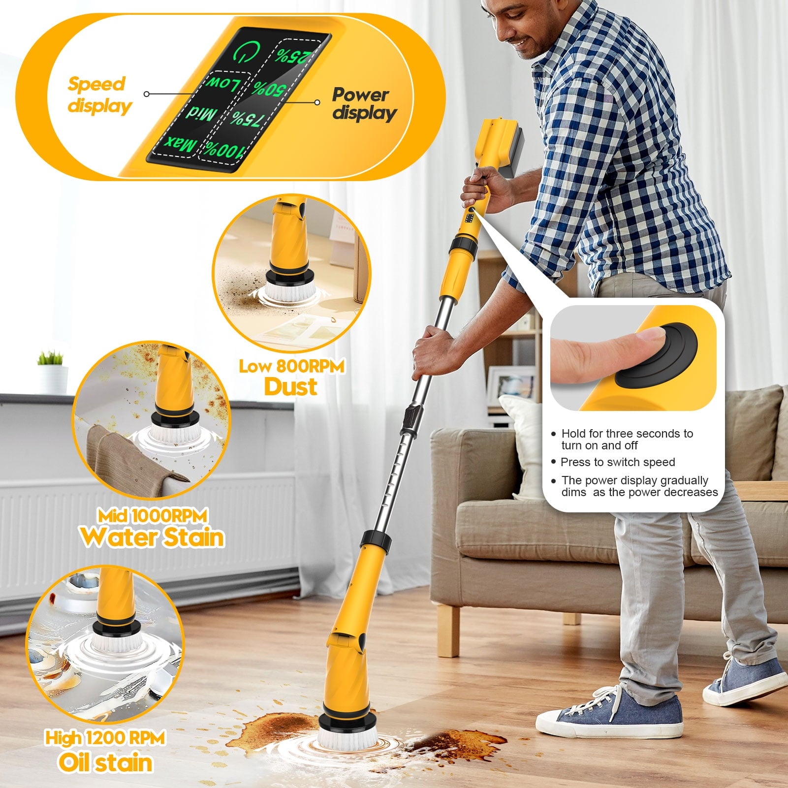 1200RPM Electric Spin Scrubber with 2 Battery, Amiluo Bath Cleaning Brush, Power Scrubber for Bathroom/Kitchen/Tile/Floor(Yellow)