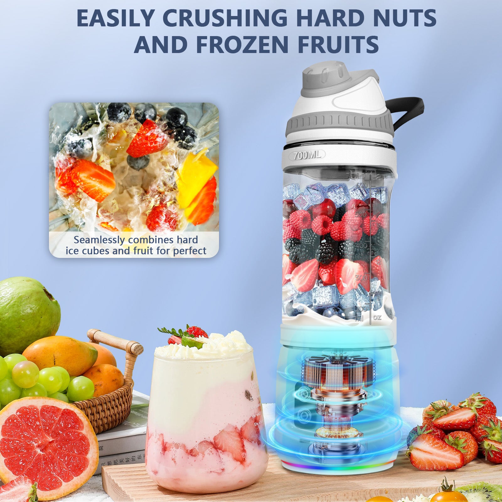 Portable Blender,Veubew Personal Blender 240 Watt for Shakes and Smoothies with 6 Metal Blades, 24 oz Mini Blender Cup with Travel Lid and USB Rechargeable for Office, Gym, Kitchen (Gray)
