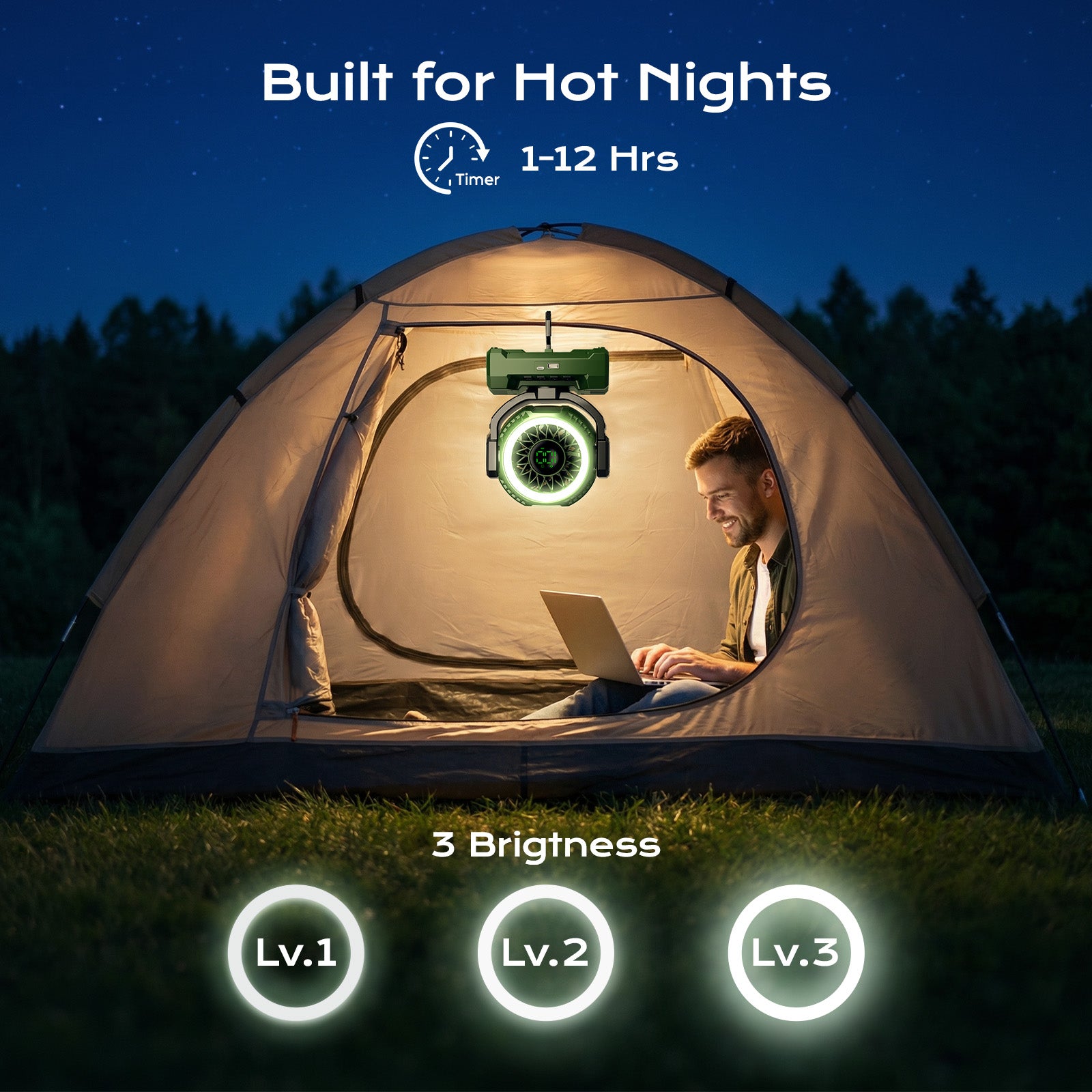Fimilo 20000mAh Camping Fan with Light, Portable Fan Rechargeable with Hook, 100 Speeds, Remote, Timer, 180° Oscillation, Battery Powered for Outdoor Tent Beach Travel
