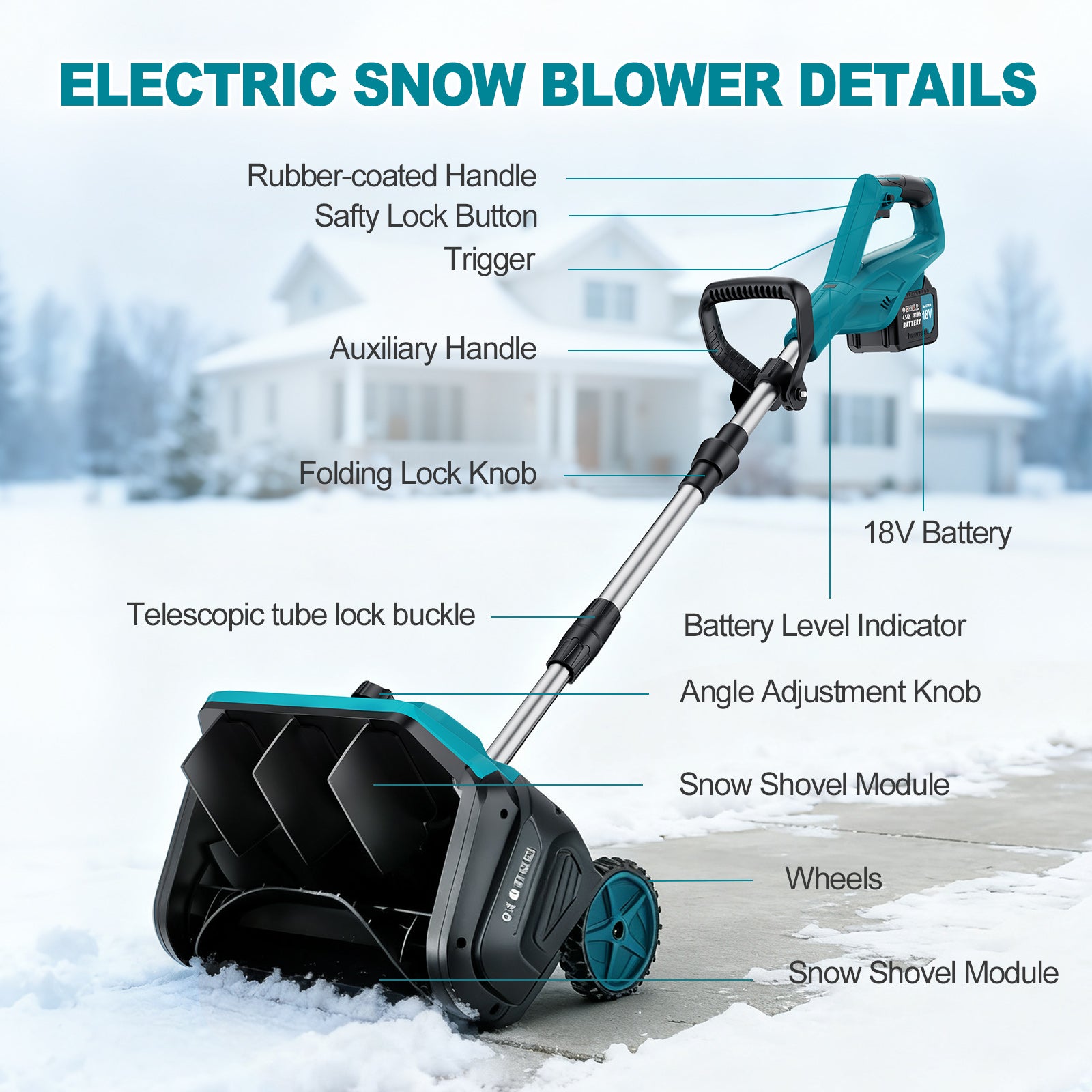 Fovendi 16-inch Cordless Snow Shovel Electric Snow Blower with Directional Plate, 4.5Ah Battery & Quick Charger Included for Driveway & Sidewalks