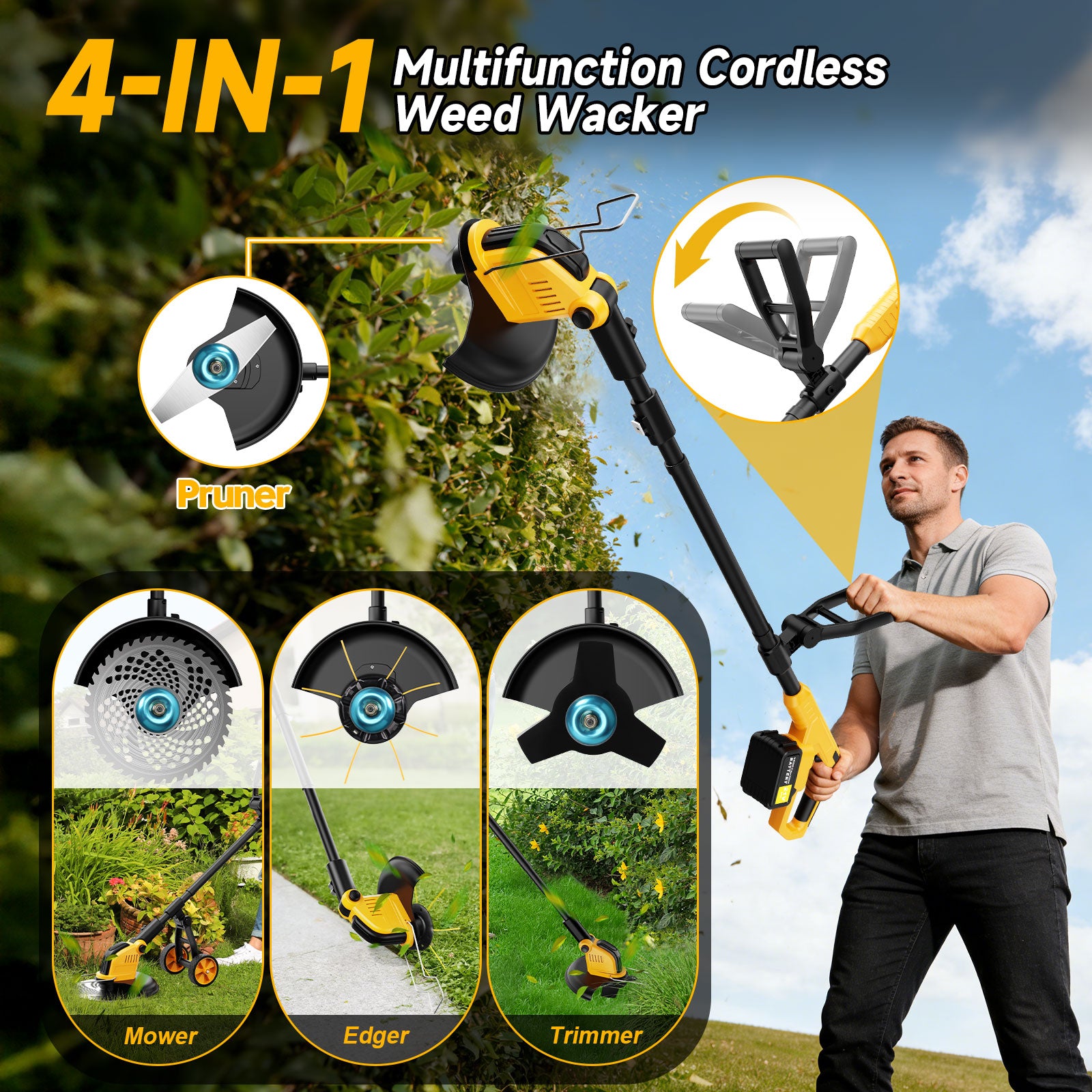 Lemolifys 12-inch Brushless Weed Eaters with Wheels & 5 Blades, 21V Battery String Trimmer for Lawn Yard Garden