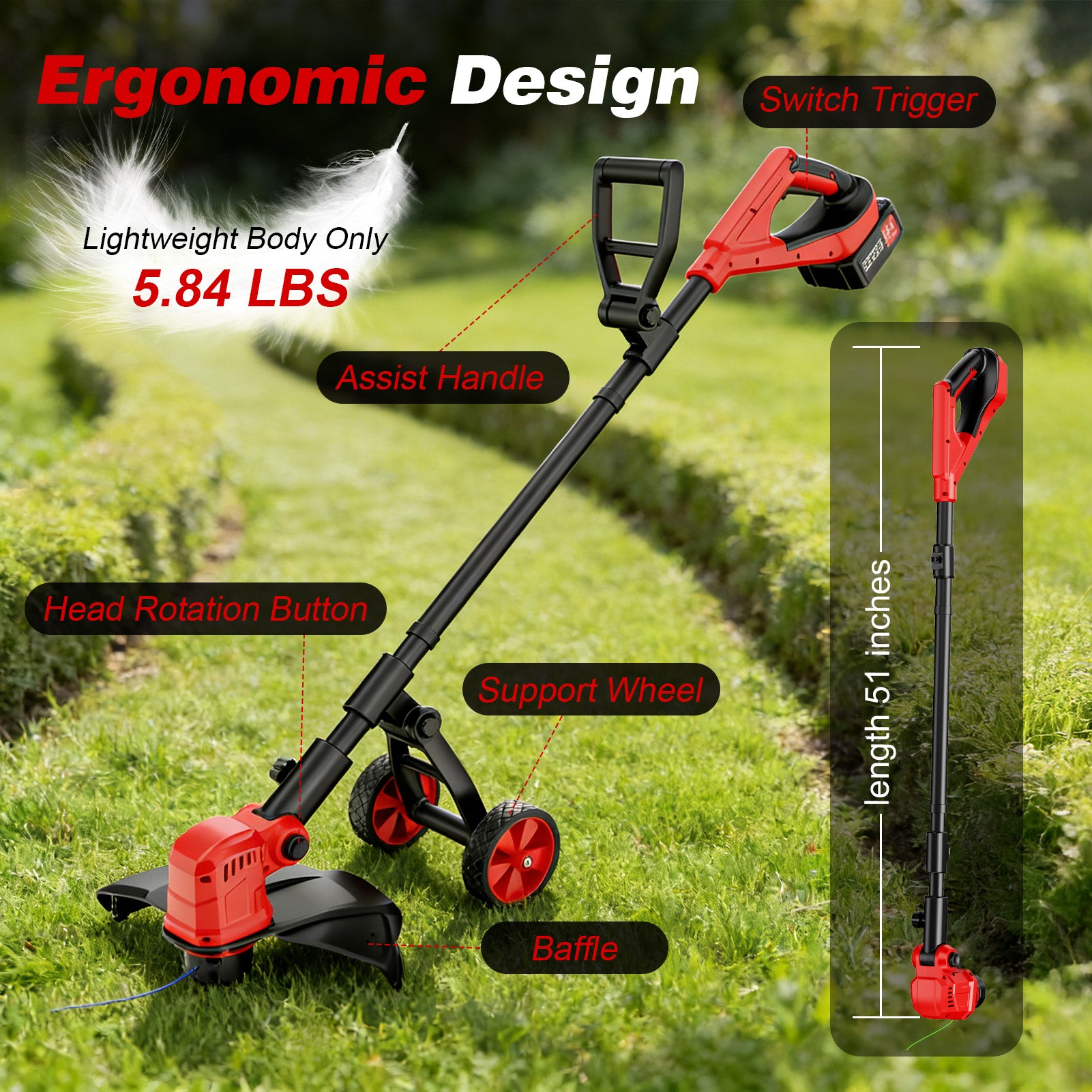 Tanbaby 12-inch Cordless String Trimmer with Wheels, Electric Grass Trimmer With 2 X 3.0ah Batteries, Edger Lawn Tool Grass Cutter With 8pcs Line, Lawn Mover For Yard, Garden