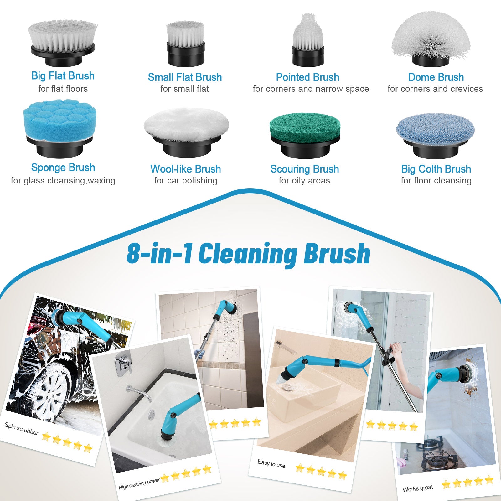 Amiluo Electric Spin Scrubber, 1500 RPM Cordless Bathroom Cleaning Brush with 4000 mAh Large Battery, 8 Replaceable Heads, Extension Handle & Display, Power Scrubber for Shower/Floor/Tub, A4-Blue