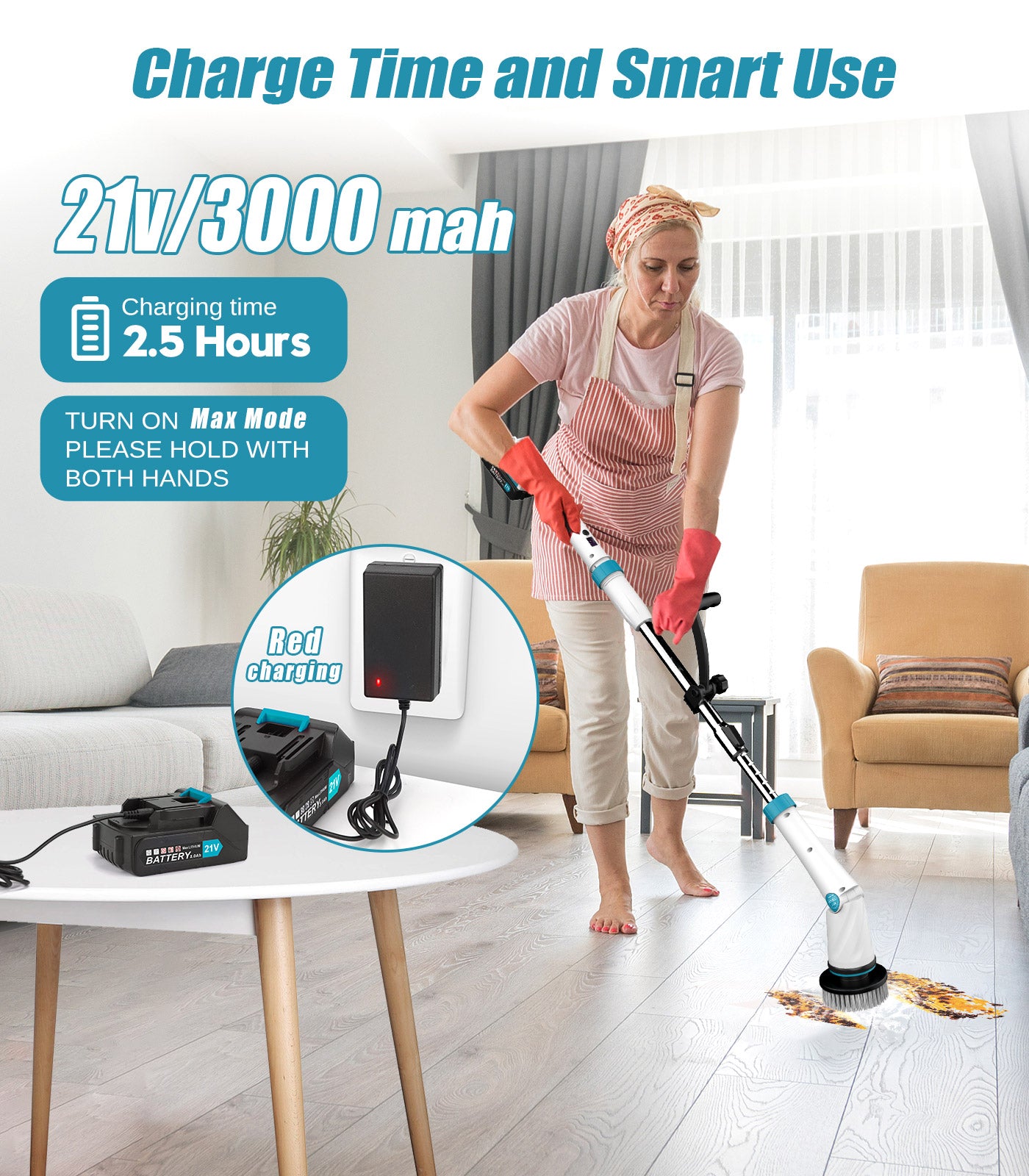 Amiluo Electric Spin Scrubber, 6000 mAh Ultra-Large Battery, 1200 RPM Power Cordless Cleaning Brush with Extension Handle, 8 Replaceable Heads & Display, Shower Brush for Tub/Floor/Bathroom, A5/Blue