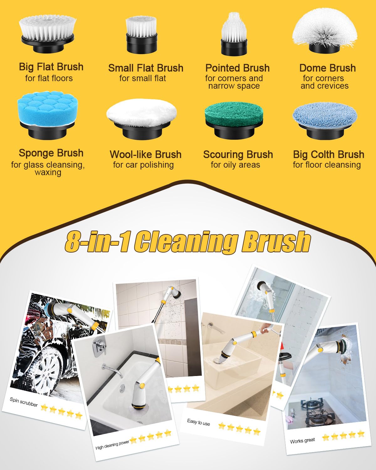 Amiluo Electric Spin Scrubber, 1500 RPM Ultra-High Speed, Cordless Bathroom Cleaning Brush with Extension Handle, 8 Replaceable Heads & Large Battery, Power Scrubber for Shower, Tub, Floor, A4/White