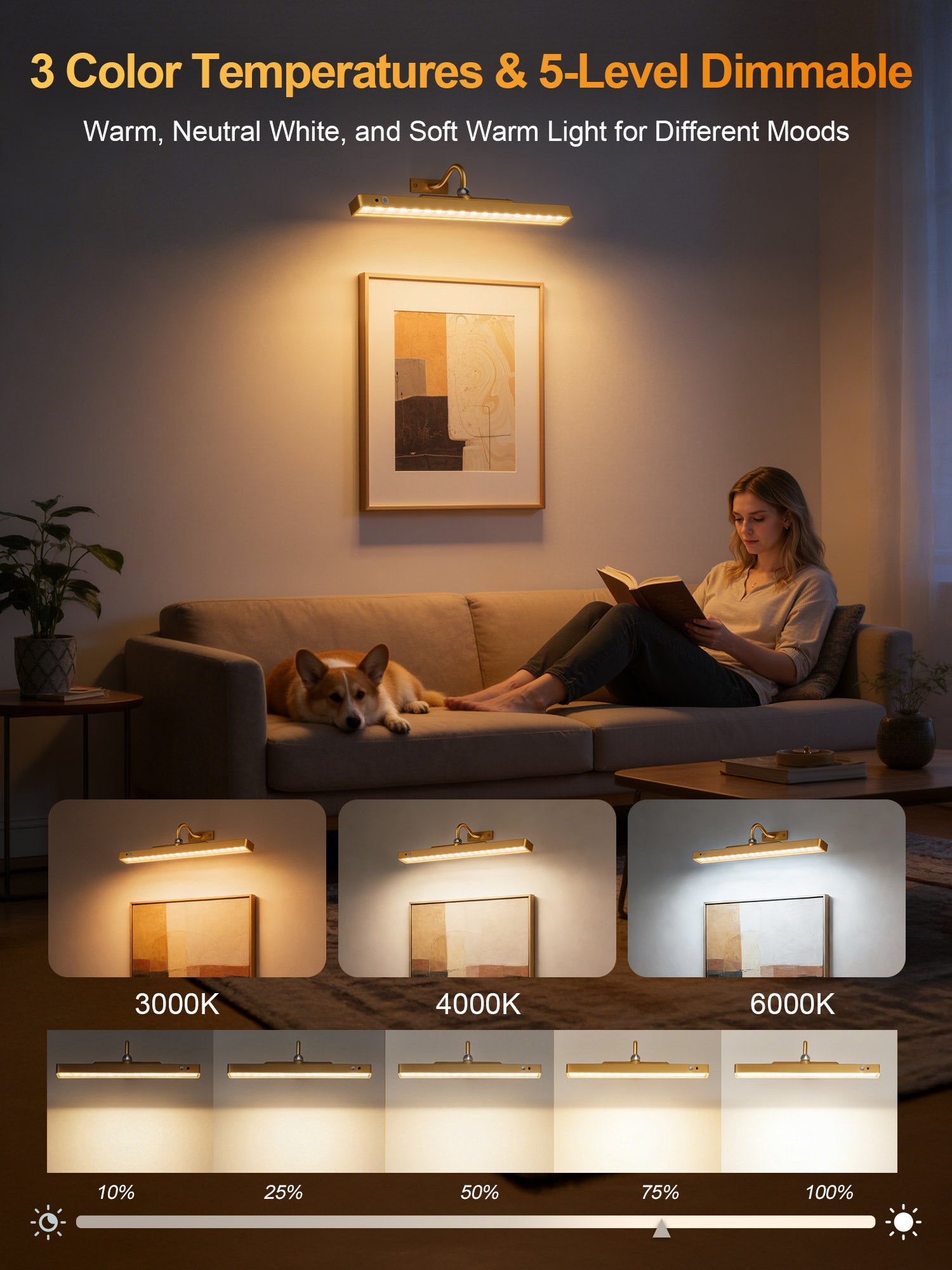 annovus Dimmable Cordless Picture Light with Controller and Timer, Rechargeable 5000mAh Battery Wall Sconce for Wall Pictures, Gallery Artwork, Paintings, Portraits, Dartboards