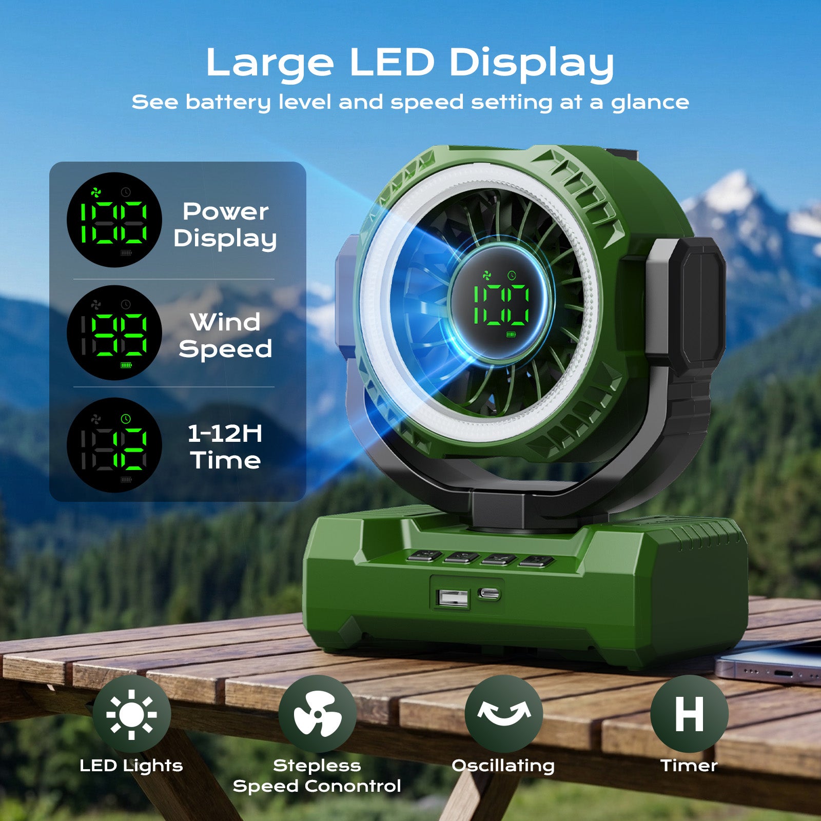 Fimilo 20000mAh Camping Fan with Light, Portable Fan Rechargeable with Hook, 100 Speeds, Remote, Timer, 180° Oscillation, Battery Powered for Outdoor Tent Beach Travel
