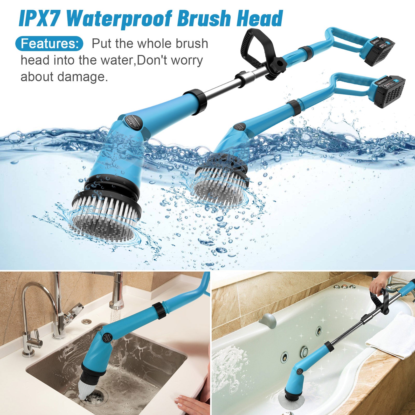Amiluo Electric Spin Scrubber, 1500 RPM Cordless Bathroom Cleaning Brush with 4000 mAh Large Battery, 8 Replaceable Heads, Extension Handle & Display, Power Scrubber for Shower/Floor/Tub, A4-Blue