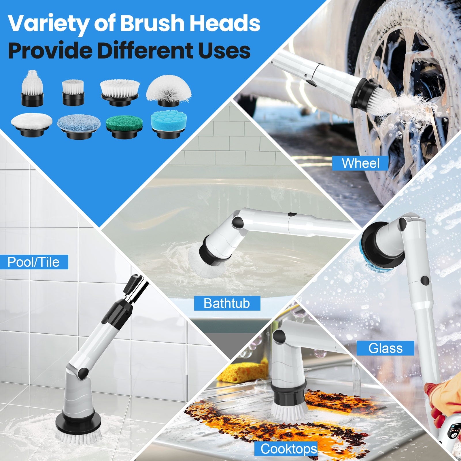 Amiluo Electric Spin Scrubber, 600 RPM Cordless Bathroom Cleaning Brush, 3 Speeds Power Scrubber with Adjustable Handle & 8 Replaceable Heads, Shower brush for Tub Tile Floor, A2/White