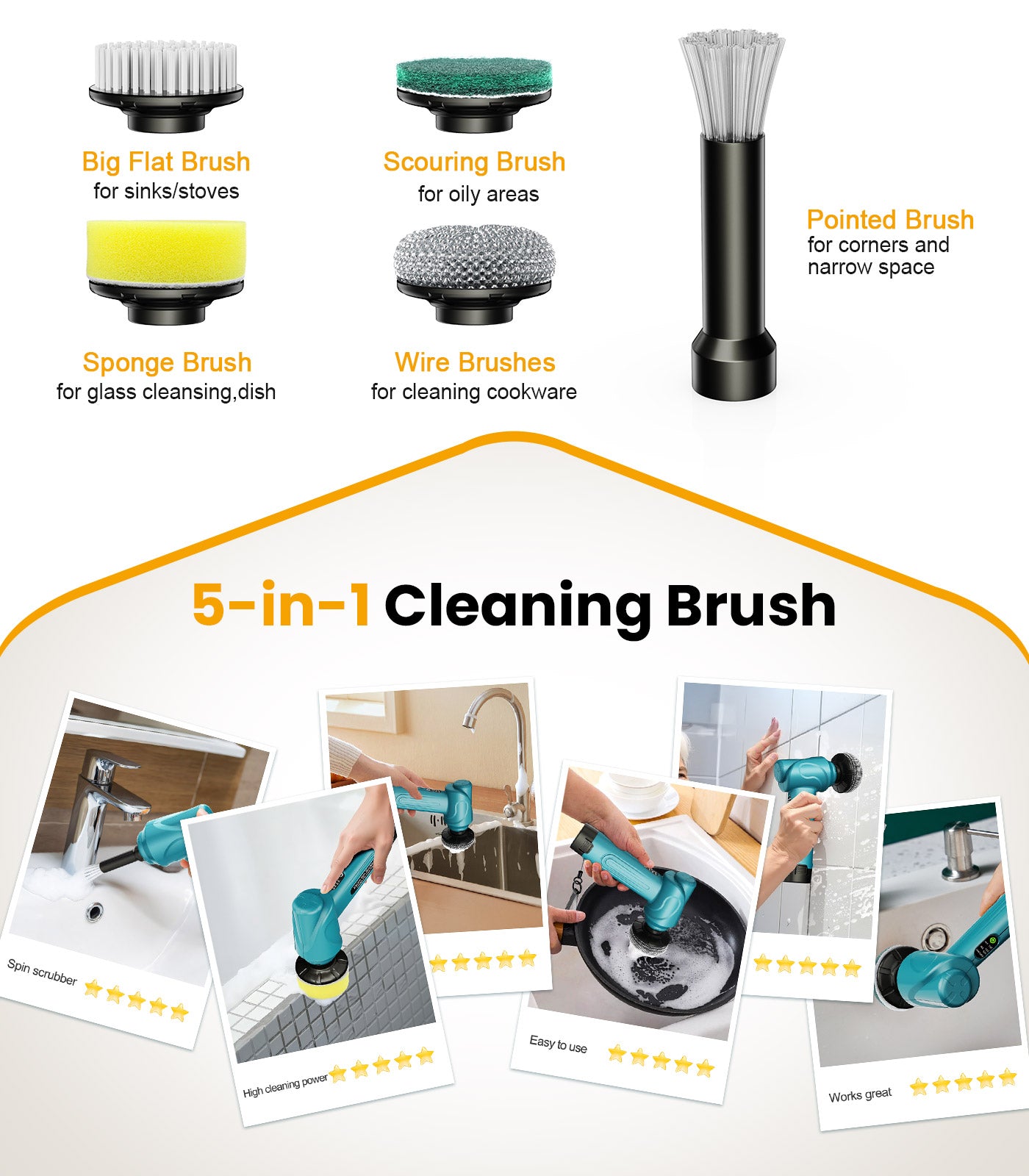 Amiluo Electric Spin Scrubber, 5000 mAh Cordless Handheld Cleaning Brush, 3 Speeds Power Scrubber with 5 Replaceable Heads & Display for Bathroom/Shower/Sink/Tub