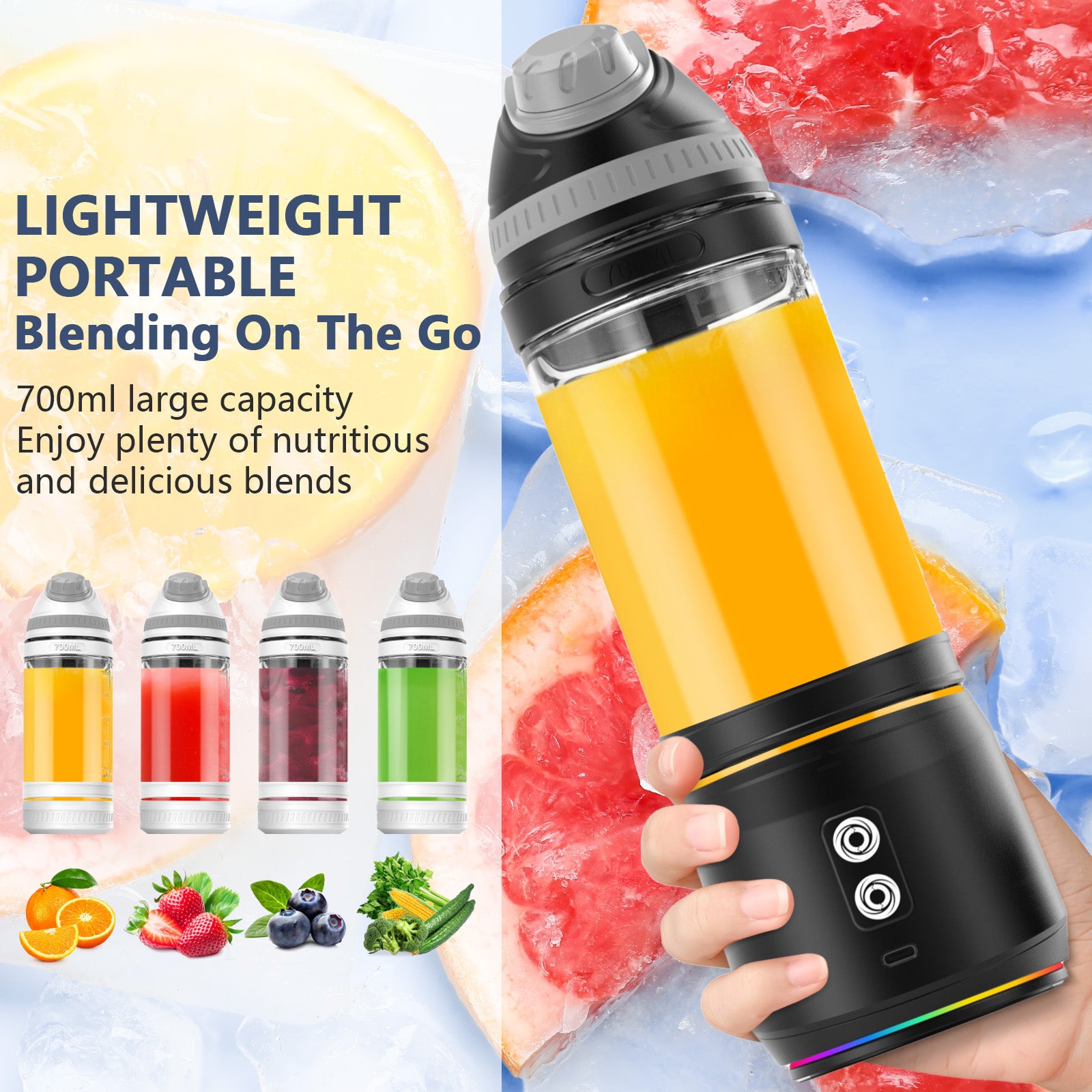 Portable Blender,Veubew Personal Blender 240 Watt for Shakes and Smoothies with 6 Metal Blades, 24 oz Mini Blender Cup with Travel Lid and USB Rechargeable for Office, Gym, Kitchen (Black)