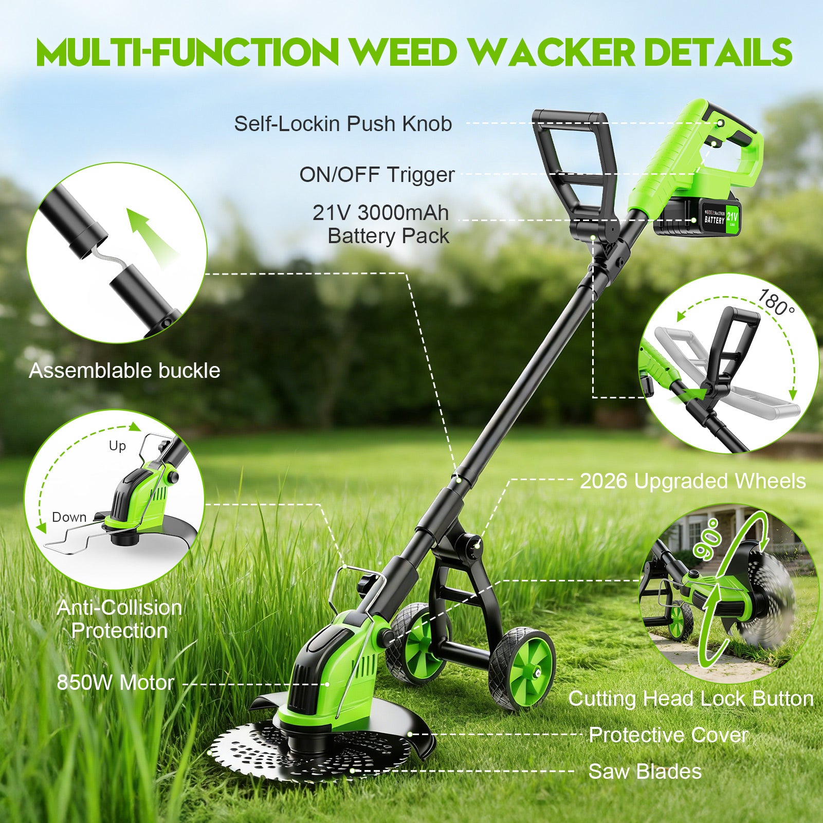 Fovendi 12-inch Electric Weed Eater, Battery Powered Weed Wacker Grass Trimmer with 2* 3.0Ah Battery and 4 Types Cutting Blades for Trimming and Edging