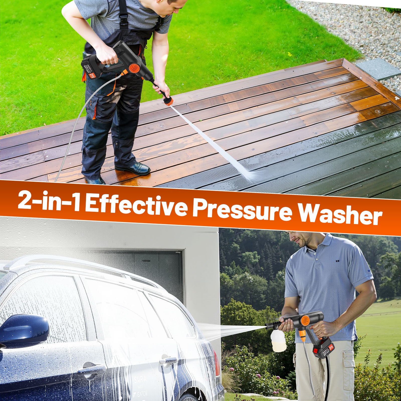 Tanbaby Cordless Pressure Washer, 550W 970PSI 1.5GPM Portable Power Washer with 6-in-1 Adjustable Nozzle, 2×3.0Ah Battery Power Cleaner with 16.4ft Hose for Cars/Patios