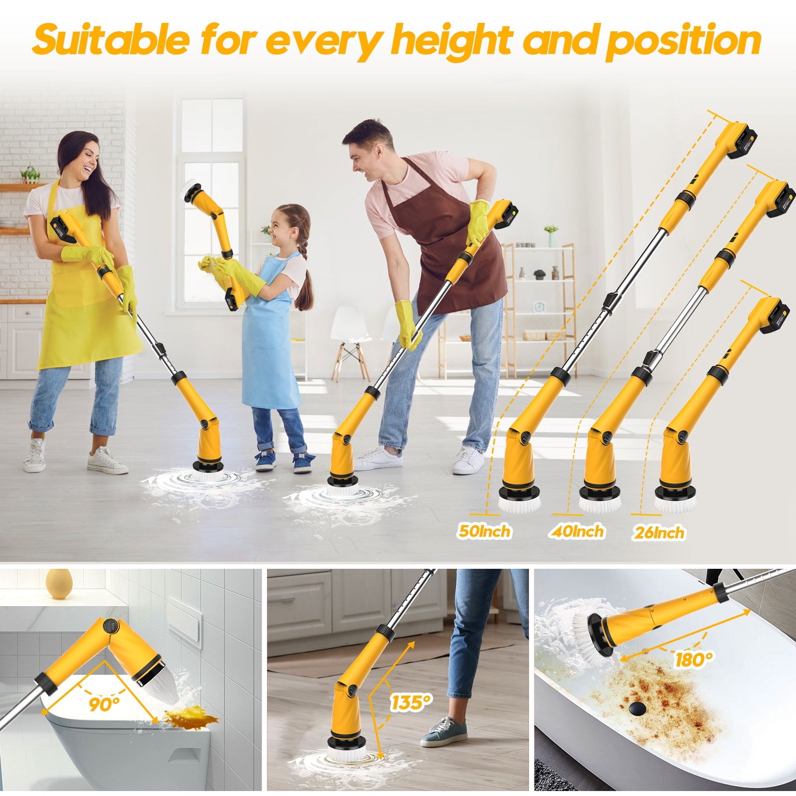1200RPM Electric Spin Scrubber with 2 Battery, Amiluo Bath Cleaning Brush, Power Scrubber for Bathroom/Kitchen/Tile/Floor(Yellow)