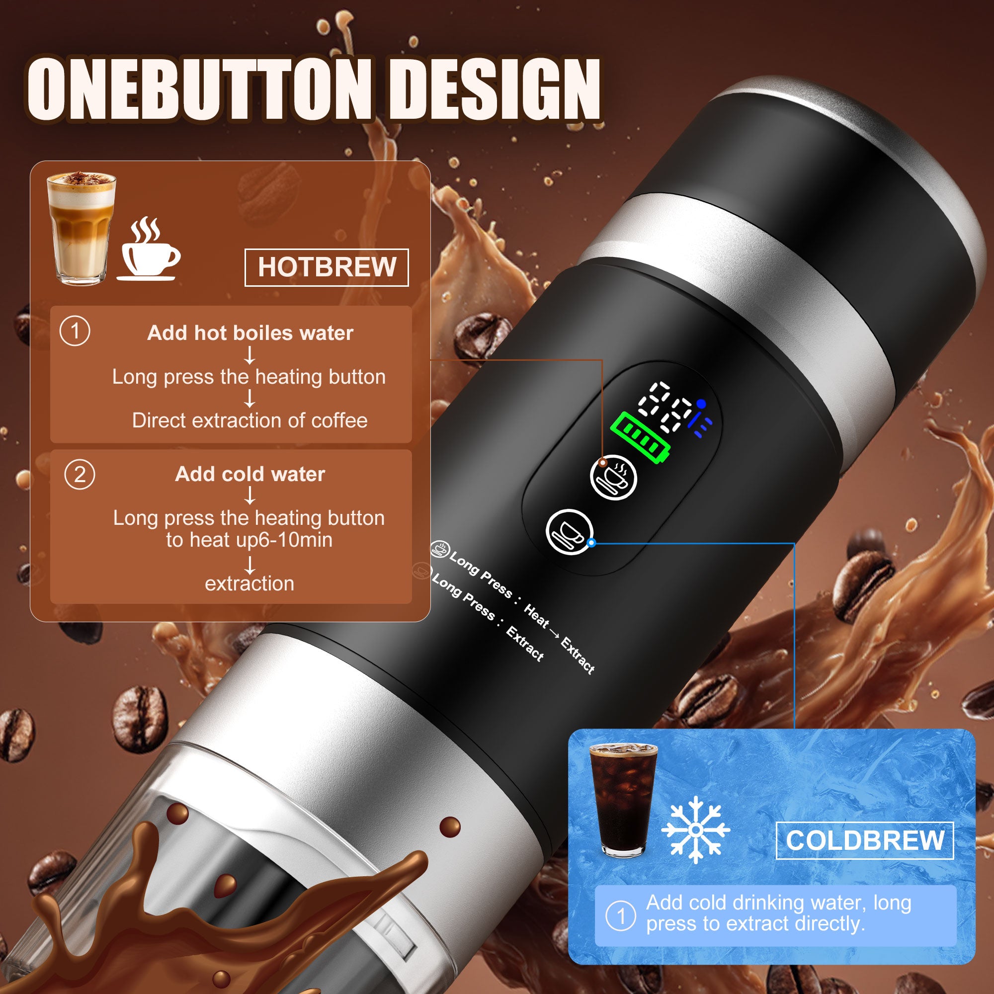 Portable Coffee Maker, with 2 Removable Batteries, 15,000mAh, Travel Espresso Makers, 80ml Hot/Cold Coffee, 20bar, Express Coffee Machine for Camping, RV, Back Packing, Office