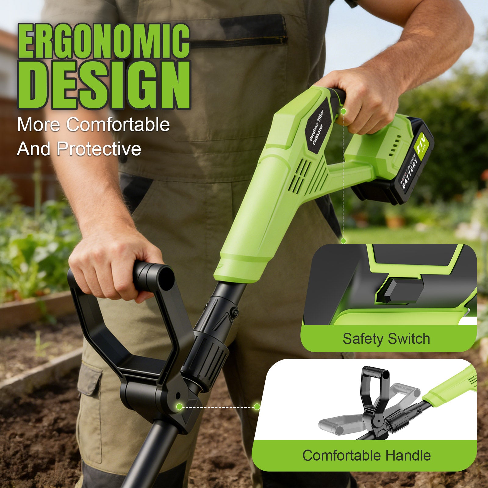 Fovendi 21V Cordless Tiller Cultivator, 360RPM Electric Garden Tiller, with 2 * 3.0Ah Batteries & Charger, 9In Tilling Width and 6.7In Depth Garden Rototiller for Lawn/Gardening/Soil Cultivation