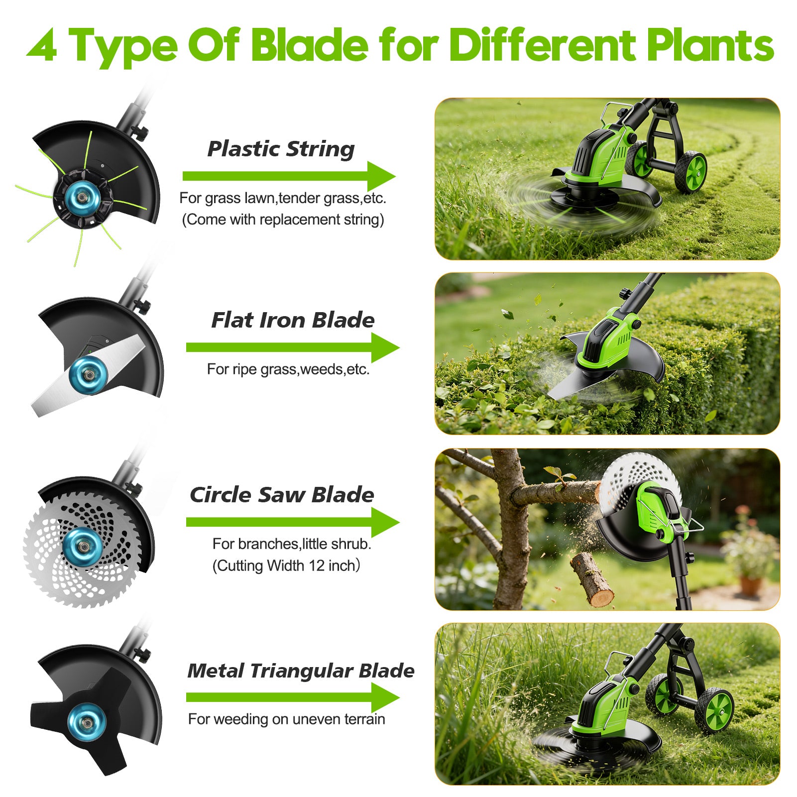 Fovendi 12-inch Electric Weed Eater, Battery Powered Weed Wacker Grass Trimmer with 2* 3.0Ah Battery and 4 Types Cutting Blades for Trimming and Edging