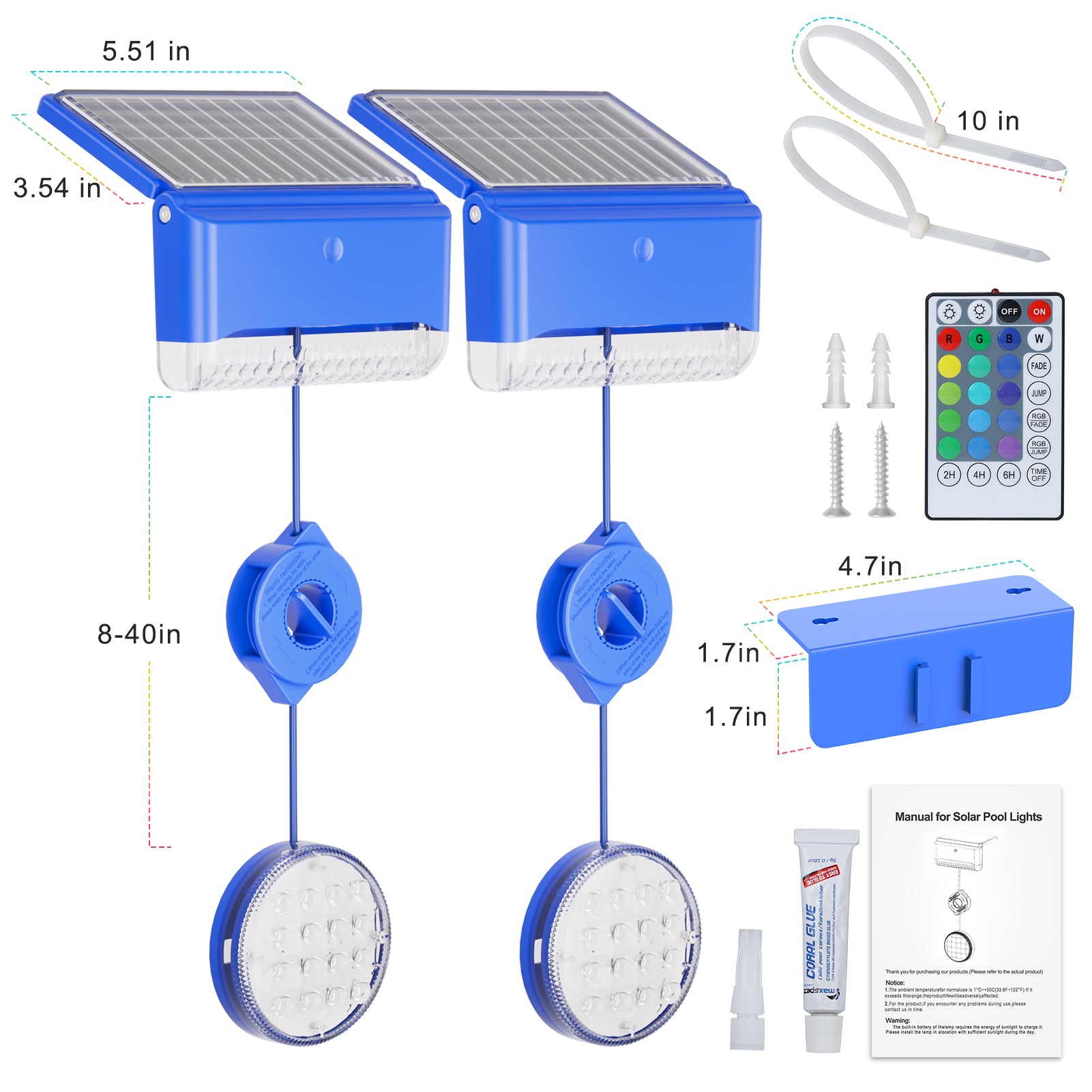 2PCS Solar Pool Lights, RGB Color Changing Pool Light with Remote, IP68 Waterproof Swimming Pool Lights, 16 Colors Underwater Patio Decor for Pools