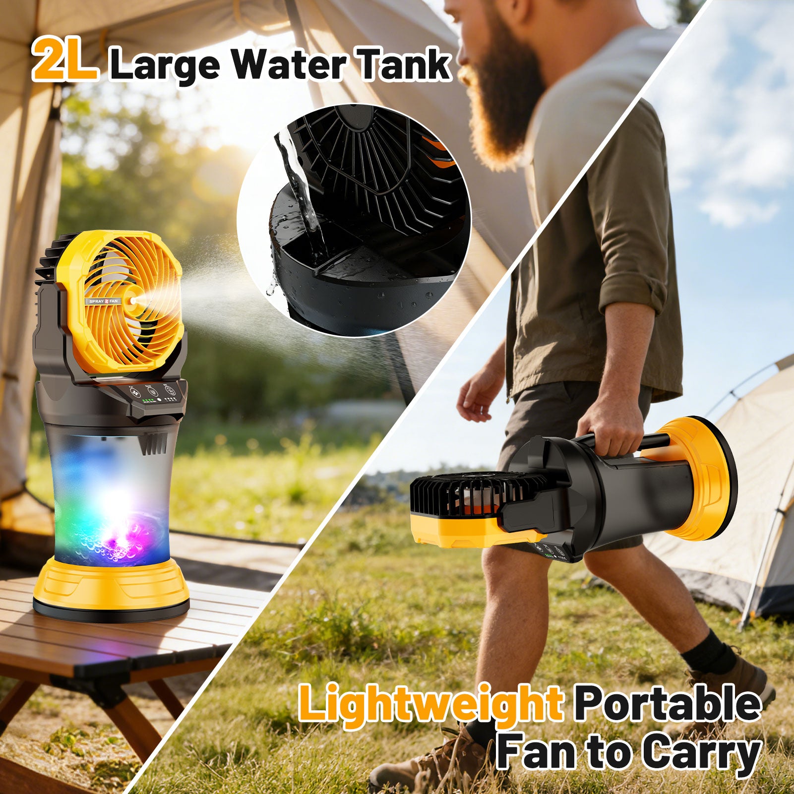 Fimilo 30000 mAh Portable Misting Fan with RGB Light, 2L Water Tank Rechargeable Camping Mist Fan with 120° Auto Oscillating 4 Speeds & Spray for Patios Fishing Travel Garden Party Golf Tent