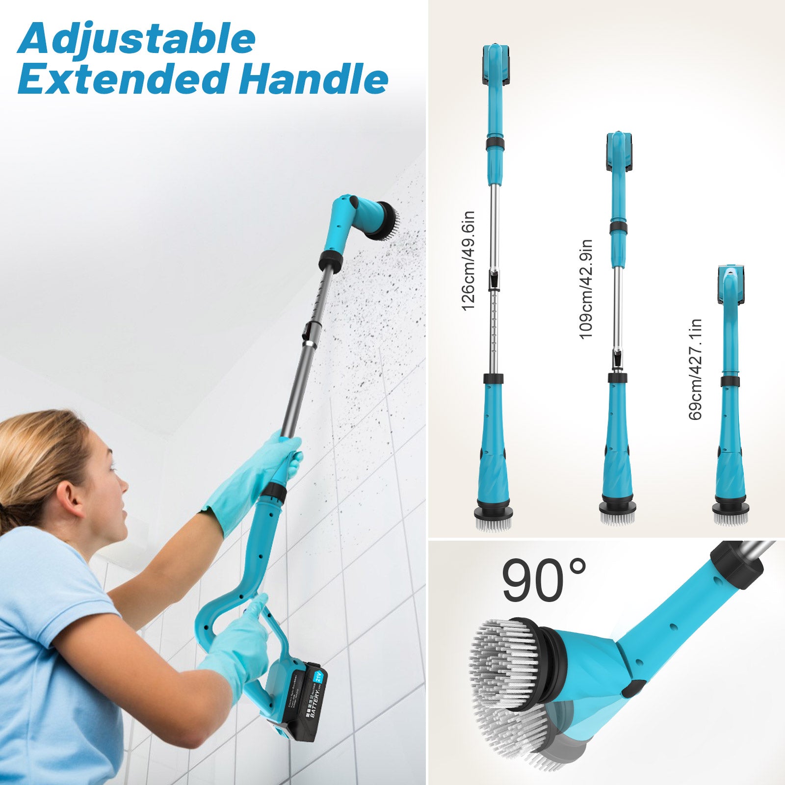 Amiluo Electric Spin Scrubber, 1500 RPM Cordless Bathroom Cleaning Brush with 4000 mAh Large Battery, 8 Replaceable Heads, Extension Handle & Display, Power Scrubber for Shower/Floor/Tub, A4-Blue