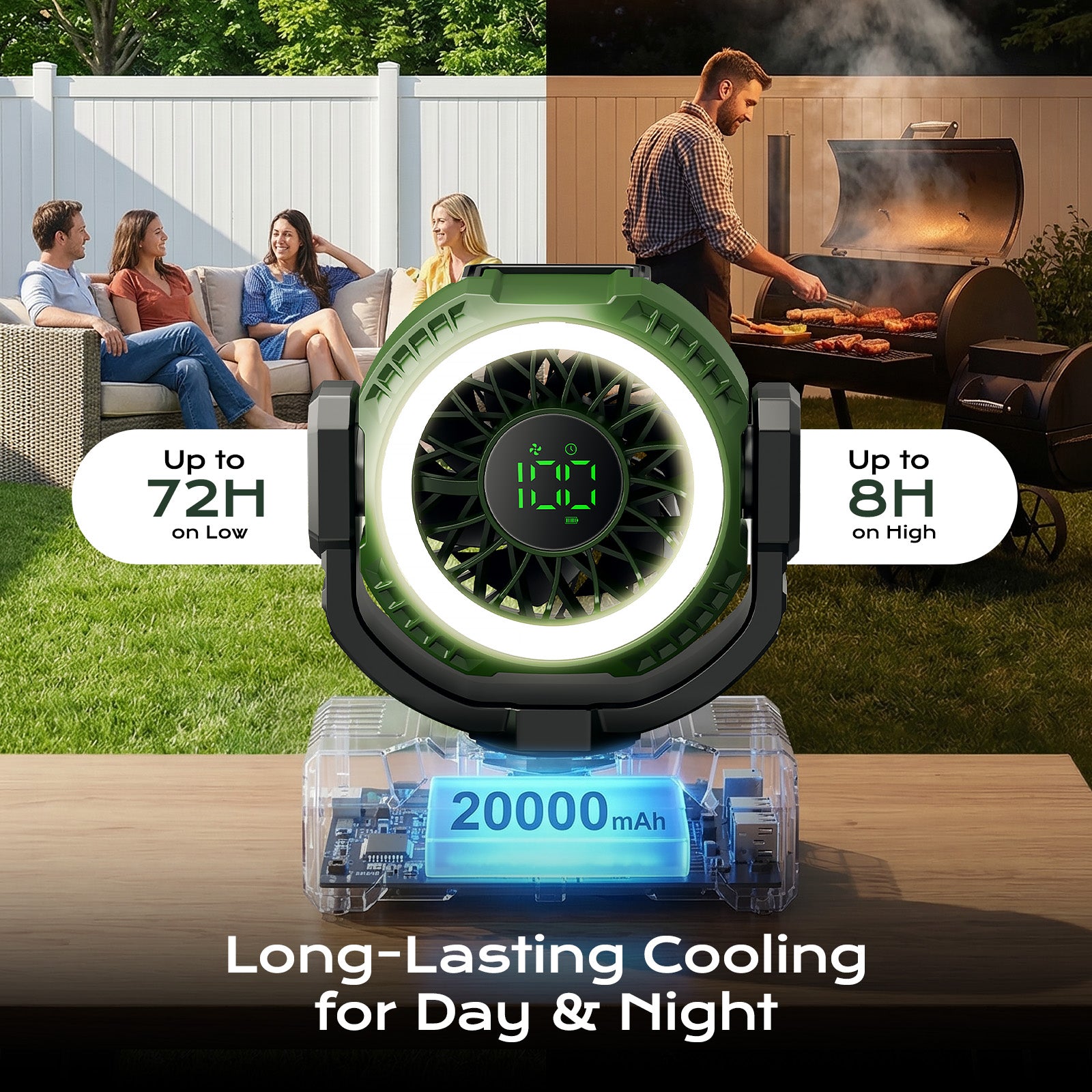 Fimilo 20000mAh Camping Fan with Light, Portable Fan Rechargeable with Hook, 100 Speeds, Remote, Timer, 180° Oscillation, Battery Powered for Outdoor Tent Beach Travel