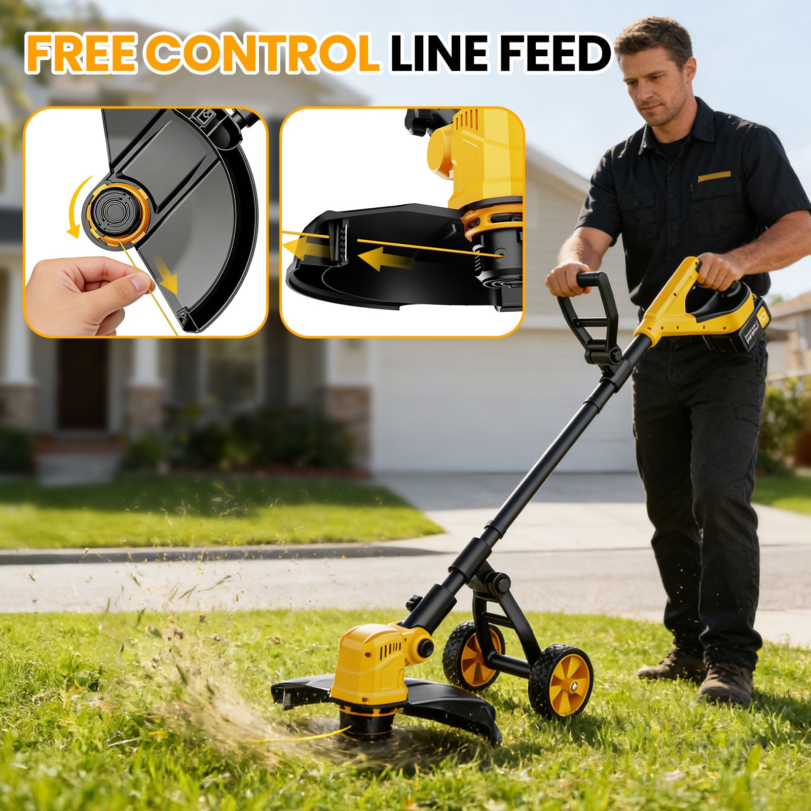 Lemolifys 12-inch Cordless String Trimmer with Wheels, 21V Batterry and 8Pcs Line for Yard Garden