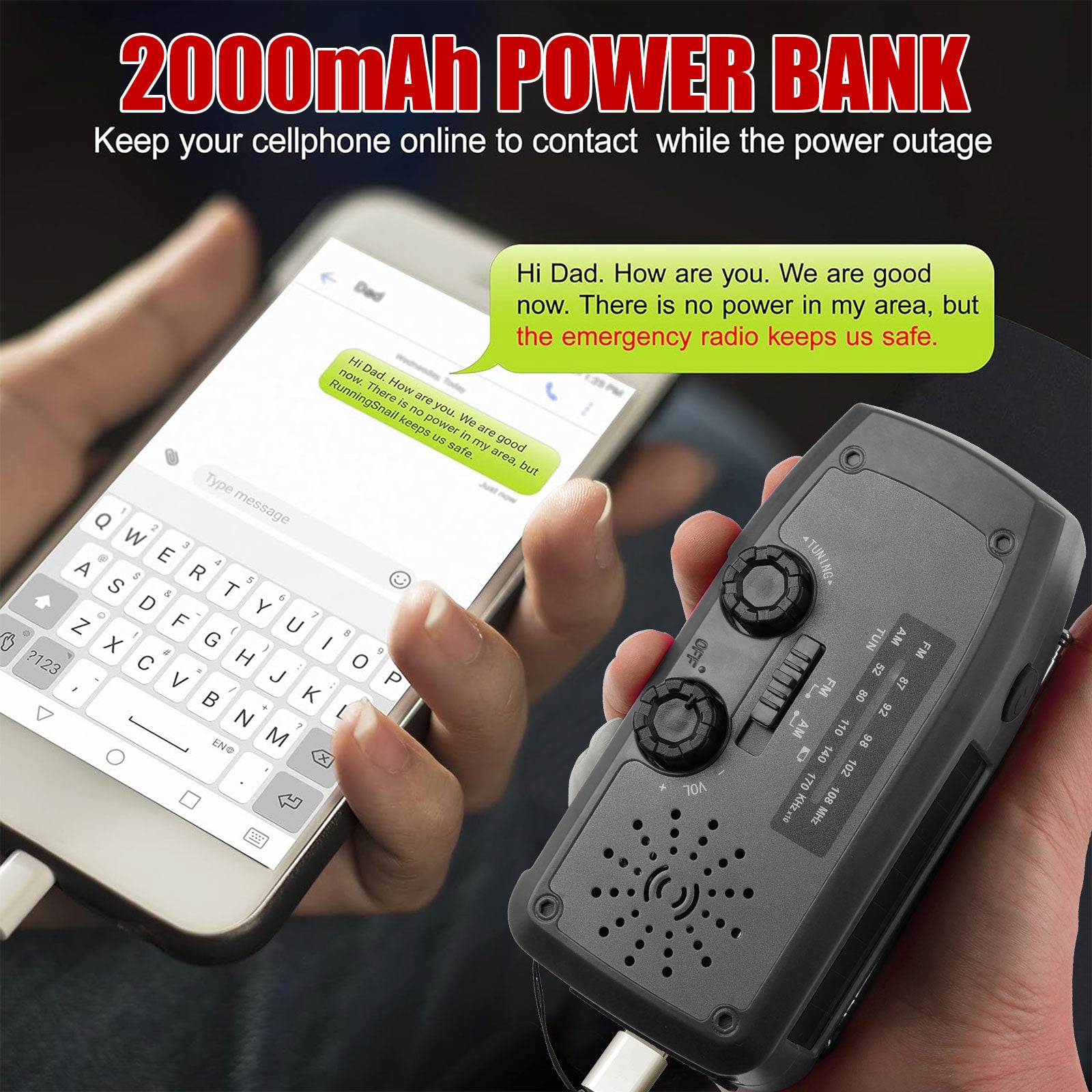 Fovendi Emergency Hand Crank Radio with LED Flashlight, AM/FM NOAA Portable Weather Radio with 2000mAh Power Bank Phone Charger, USB Charged & Solar Power for Camping