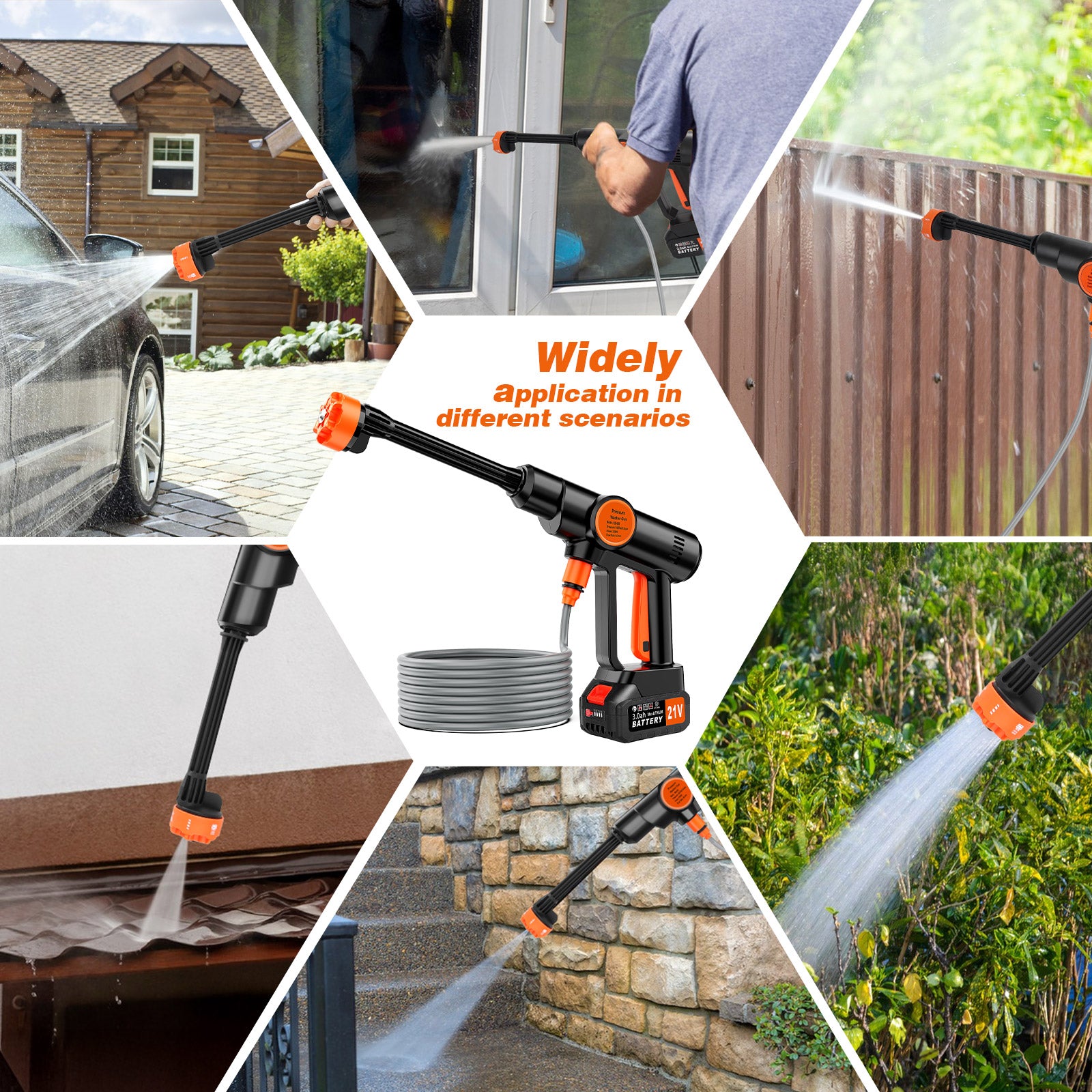 Tanbaby Cordless Pressure Washer, 550W 970PSI 1.5GPM Portable Power Washer with 6-in-1 Adjustable Nozzle, 2×3.0Ah Battery Power Cleaner with 16.4ft Hose for Cars/Patios