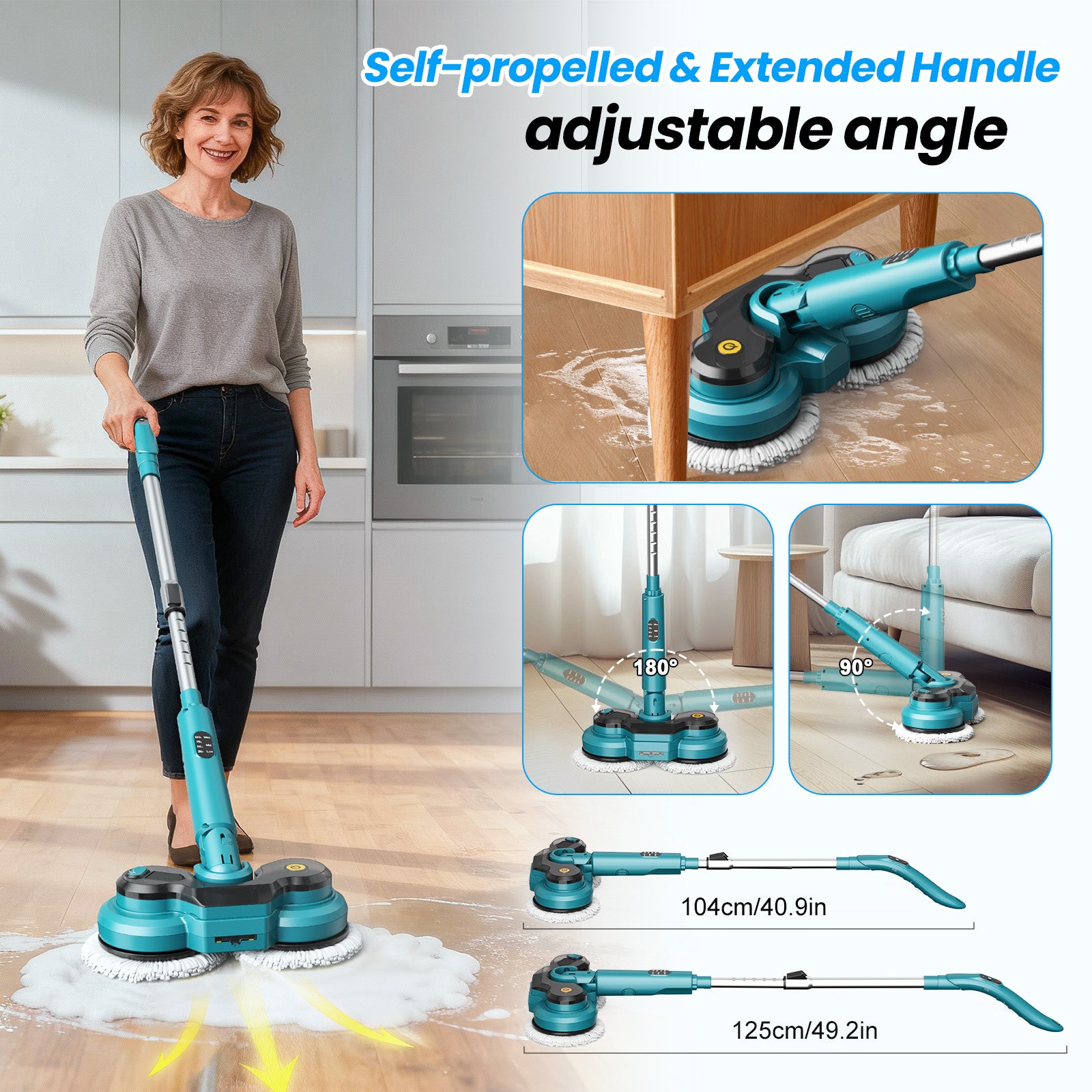 Amiluo Cordless Electric Mop, Dual-Motor Power Spin Mop for Floor Cleaning with 5000 mAh Battery, Water Spray, LED Headlights & Smart Display, Self-Propelled for Multi-Surface, M1