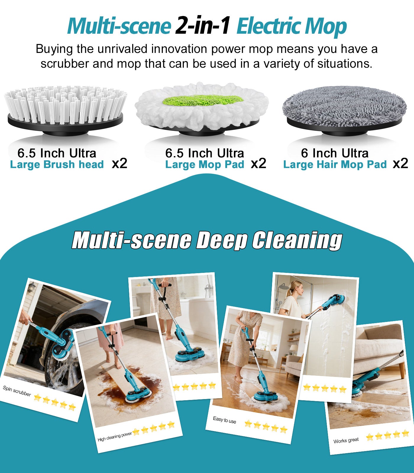 Amiluo Cordless Electric Mop, 800 RPM Dual-Motor Power Spin Mop for Floor Cleaning with 6,000 mAh Large Battery, Water Spray, LED Headlights & Smart Display, Self-Propelled for Multi-Surface, M2