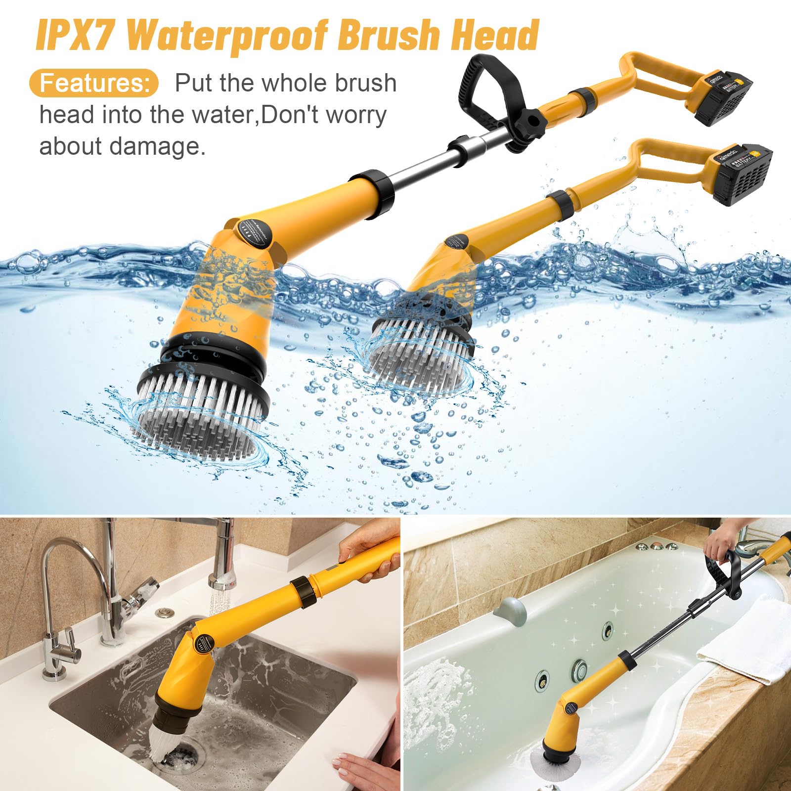 Amiluo Electric Spin Scrubber, 1500 RPM Ultra-High Speed, Cordless Bathroom Cleaning Brush with Extension Handle, 8 Replaceable Heads & Large Battery, Power Scrubber for Shower, Tub, Floor, A4/Yellow