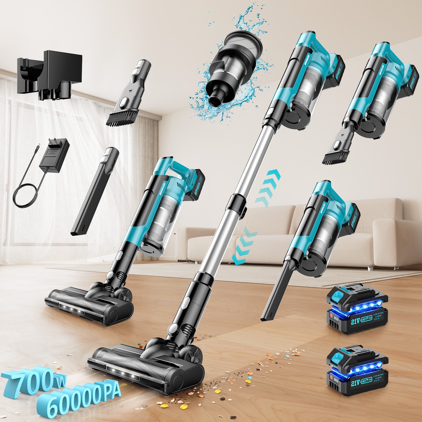 Amiluo Cordless Vacuum Cleaner, 700W 60KPA 72mins Brushless Vacuum Cleaners for Home, 8000mAh large Battery Stick Vacuum with Hepa Filter, 6 in 1 Handheld Vacuum for Pet Hair/Carpet/Hard Floor, V1