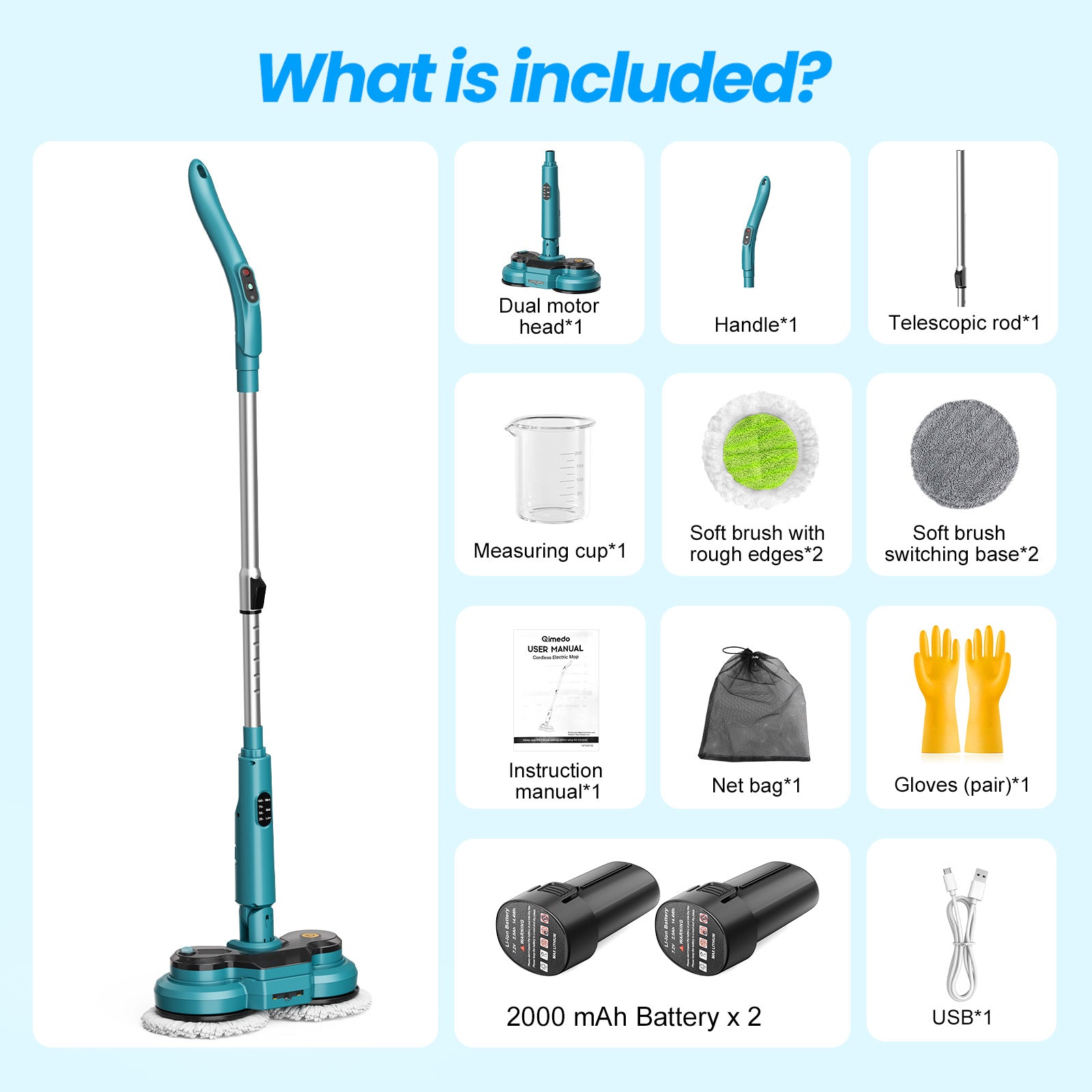 Amiluo Cordless Electric Mop, 5000 mAh Battery Spin Mop for Floor Cleaning, 400 RPM Power Scrubber with Water Spray, LED Headlights & Smart Display, Dual-Motor, Self-Propelled, Multi-Surface, M1