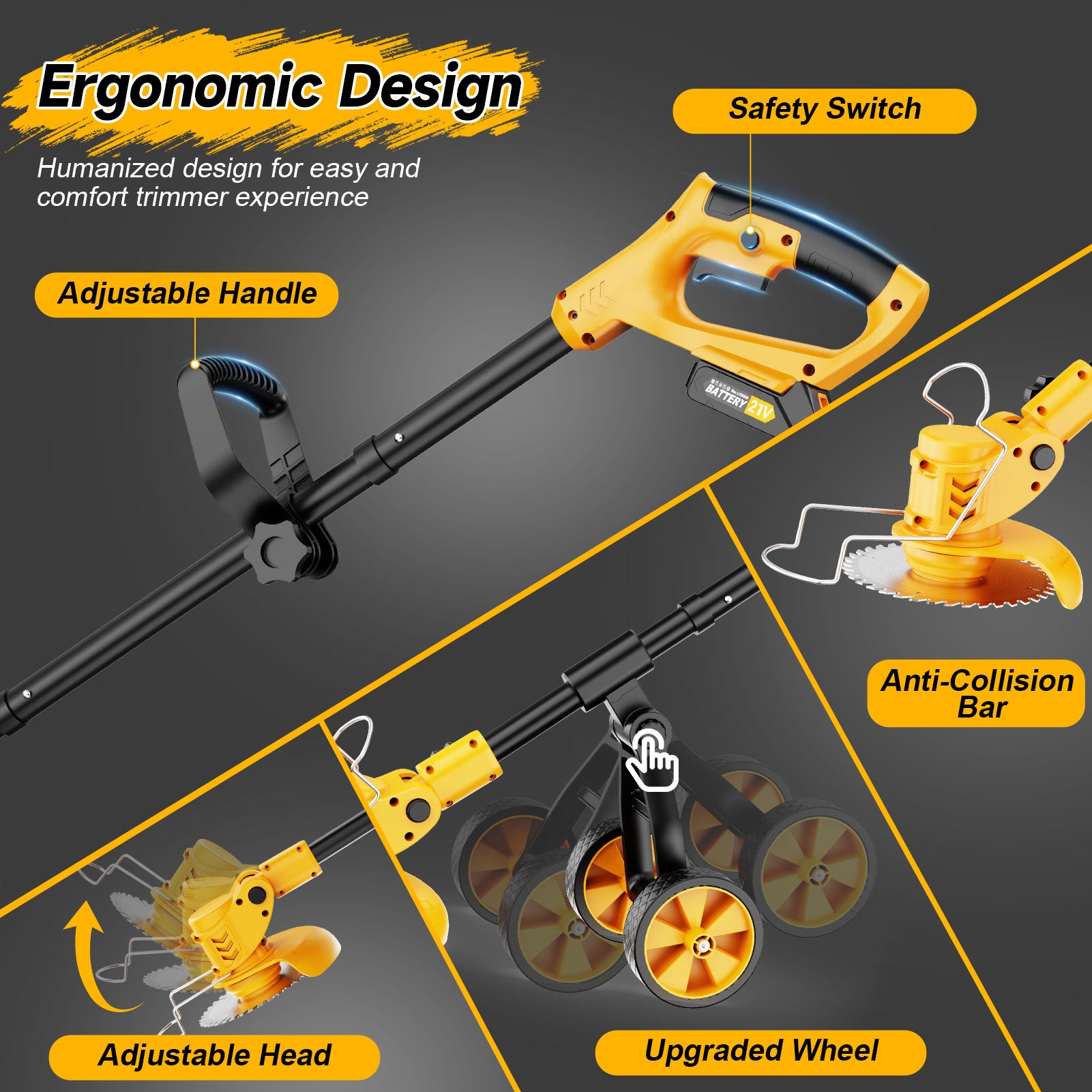 Lemolifys 6-inch Weed Eaters with Wheels & 3 Blades, 21V Battery String Trimmer for Lawn Yard Garden